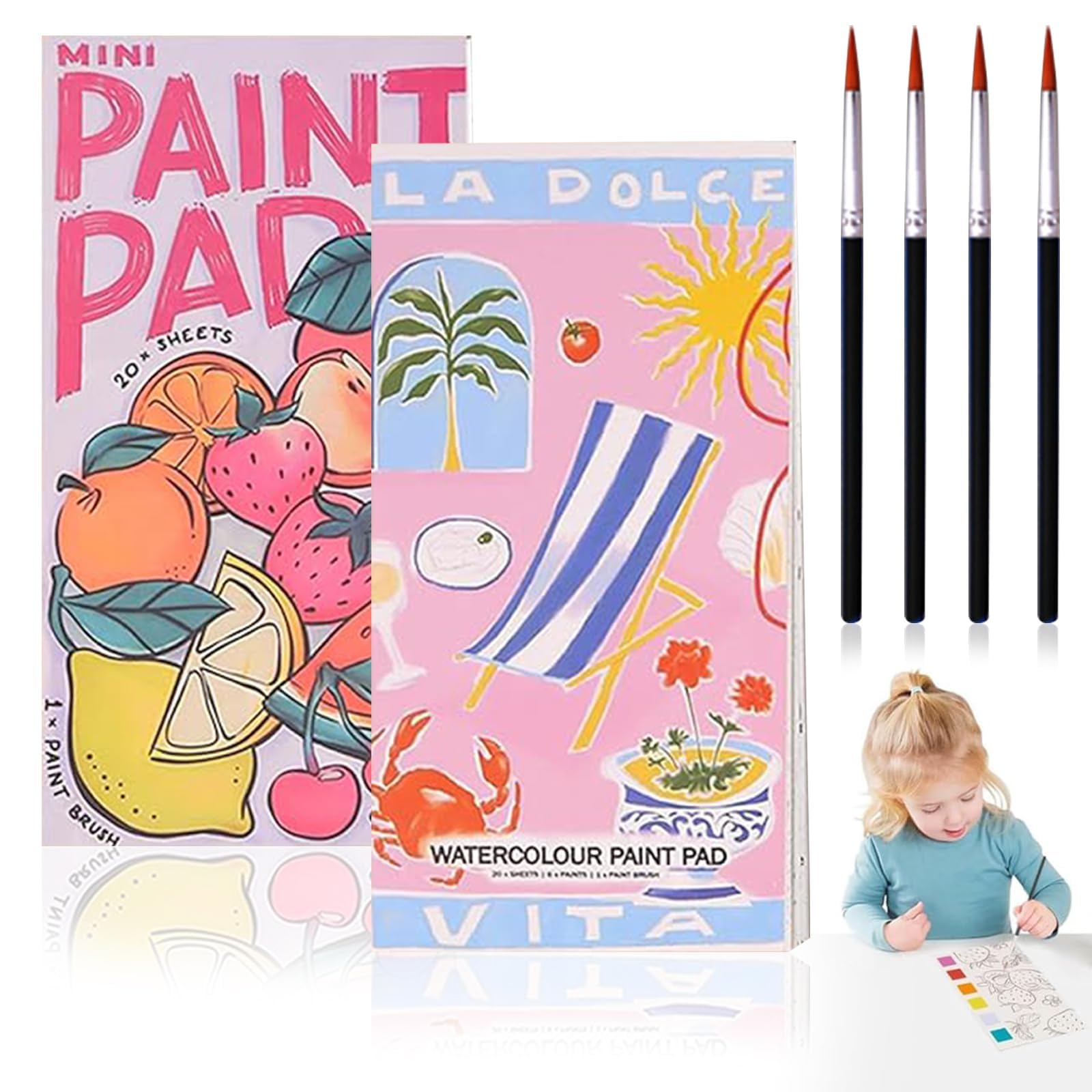 HhBdy Mini Watercolour Paint Pad 2Pcs,7.48×3.93 in Art Pad Portable Travel Paint Watercolor Coloring Book Set with 4 Paintbrush Cute Watercolor Paints Set Travel Colouring Books for Kids Adults