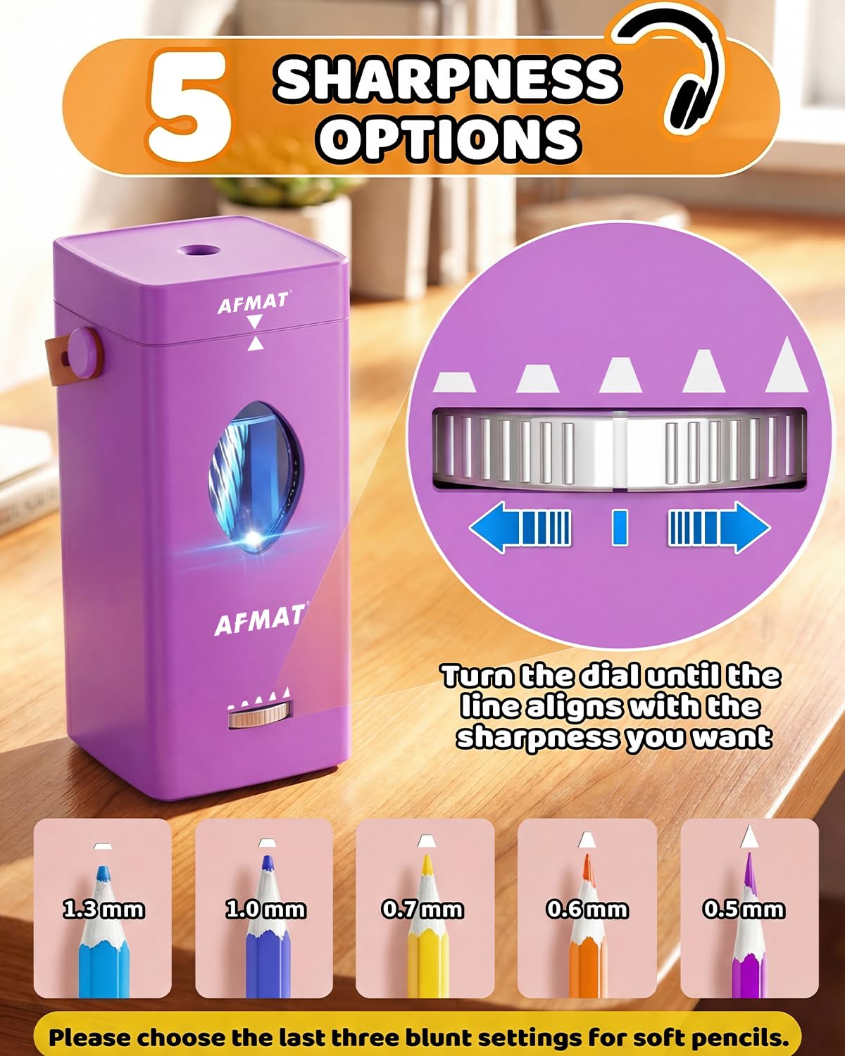 AFMAT Elektrischer Bleistiftspitzer, vollautomatischer Bleistiftspitzer für 6–12 mm Nr. 2/Jumbo-Bleistifte, automatisches Ein- und Ausschalten, 5 Schärfemodi, wiederaufladbar, robuste Spitzer für
