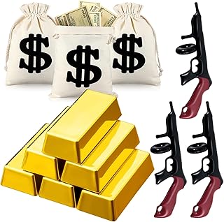 12 Pcs Inflatable Gun Props Canvas Money Bag with Drawstring Cardboard Golden Box Decorations for Gold Gangster 1920s Mafia Pirate Bar Birthday Cosplay Theme Party