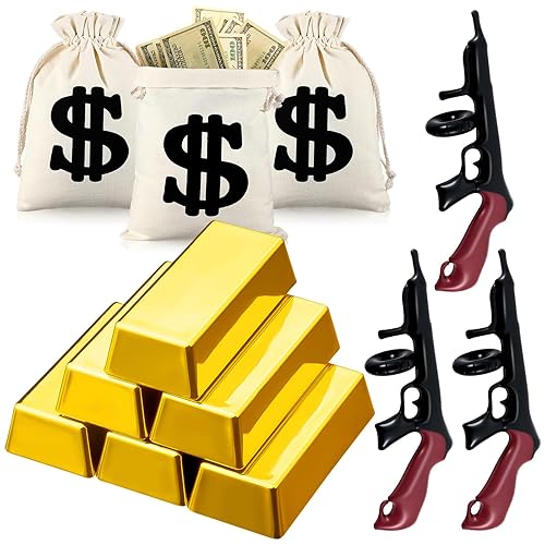 12 Pcs Inflatable Gun Props Canvas Money Bag with Drawstring