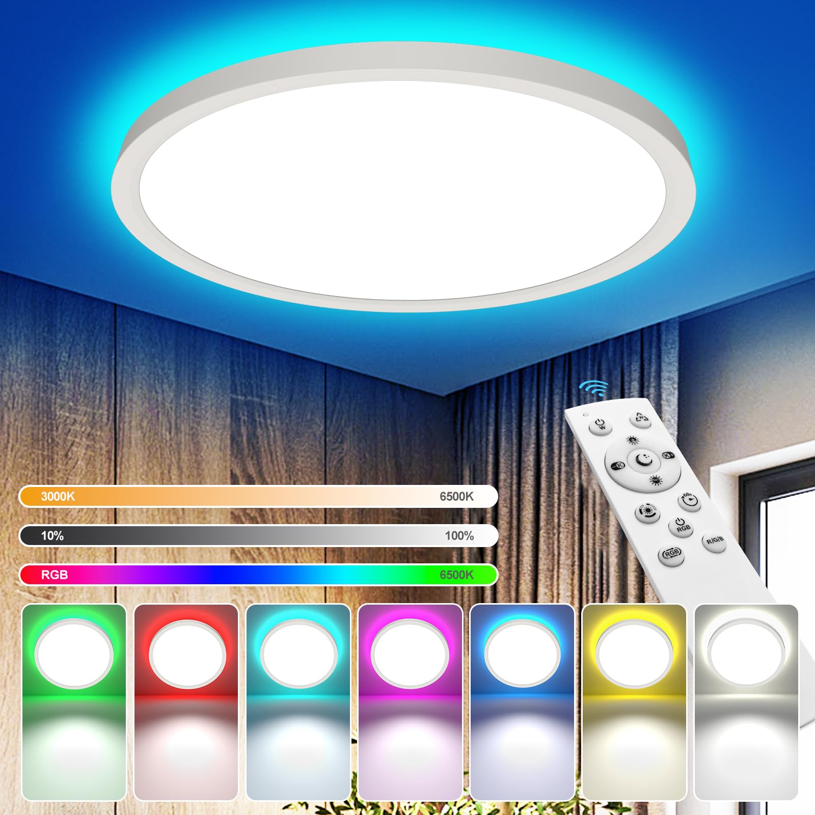 YiLaie 24W Plafon LED Techo Regulable con Mando Distancia,Ultrathin RGB Cambio Color Redonda Lámpara de techo,2700LM 3000K-6500K lampara techo dormitorio,Para Salón Cocina Baño,IP44 Impermeable,Ø30CM