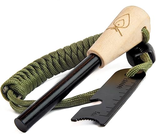 Texas Bushcraft Arrancador de fuego, varilla de ferro de 3/8 pulgadas de grosor con golpeador y cordón de muñeca de paracaídas, encendedor de