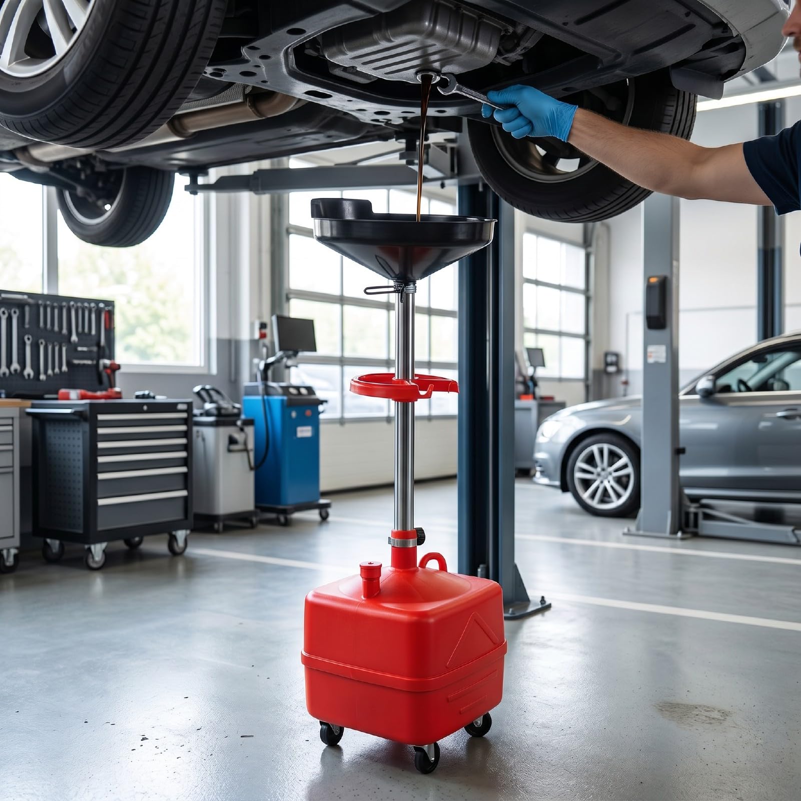 Serbatoio di Scarico Dell'olio Esausto, Contenitore per Il Cambio Dell'olio Portatile Mobile Ad Altezza Regolabile da 35 Litri per Officine di Riparazione Auto