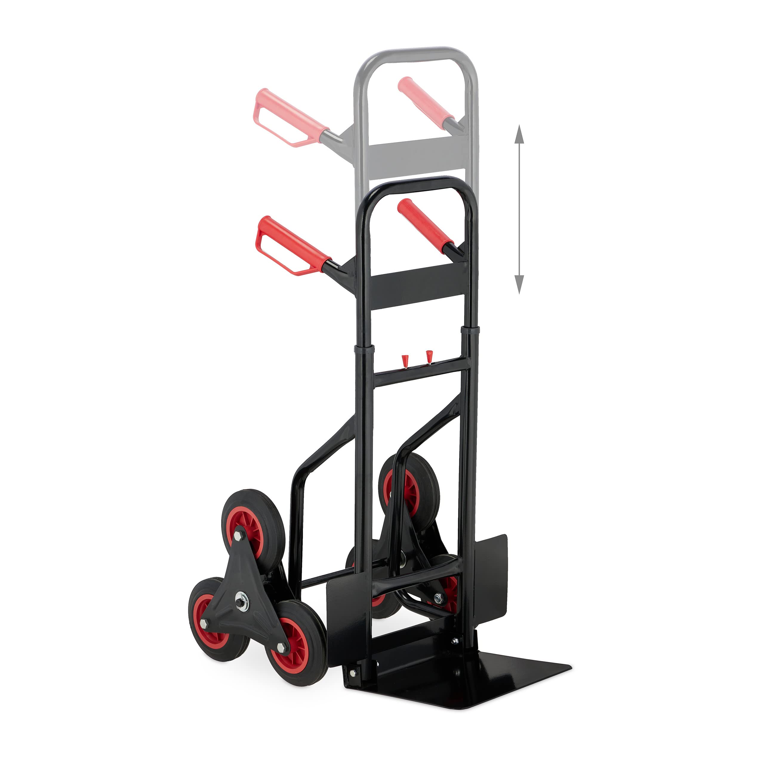 Relaxdays Carretilla Escaleras, Carro Transporte Plegable, máx.200 kg, Ruedas Goma Maciza, Altura Regulable, Negro/Rojo