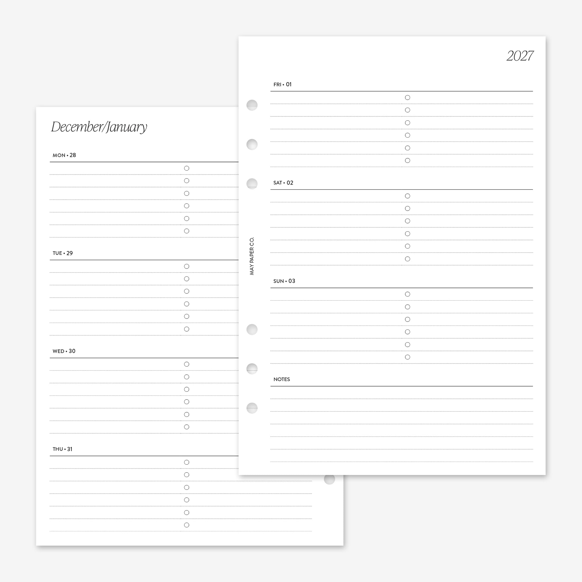 MAY PAPER CO. Ricarica per agenda settimanale 2027, formato A5, settimana su due pagine, per agenda A5 Filofax e LV GM a 6 anelli, 14 x 20,3 cm (orizzontale, a righe con attività)