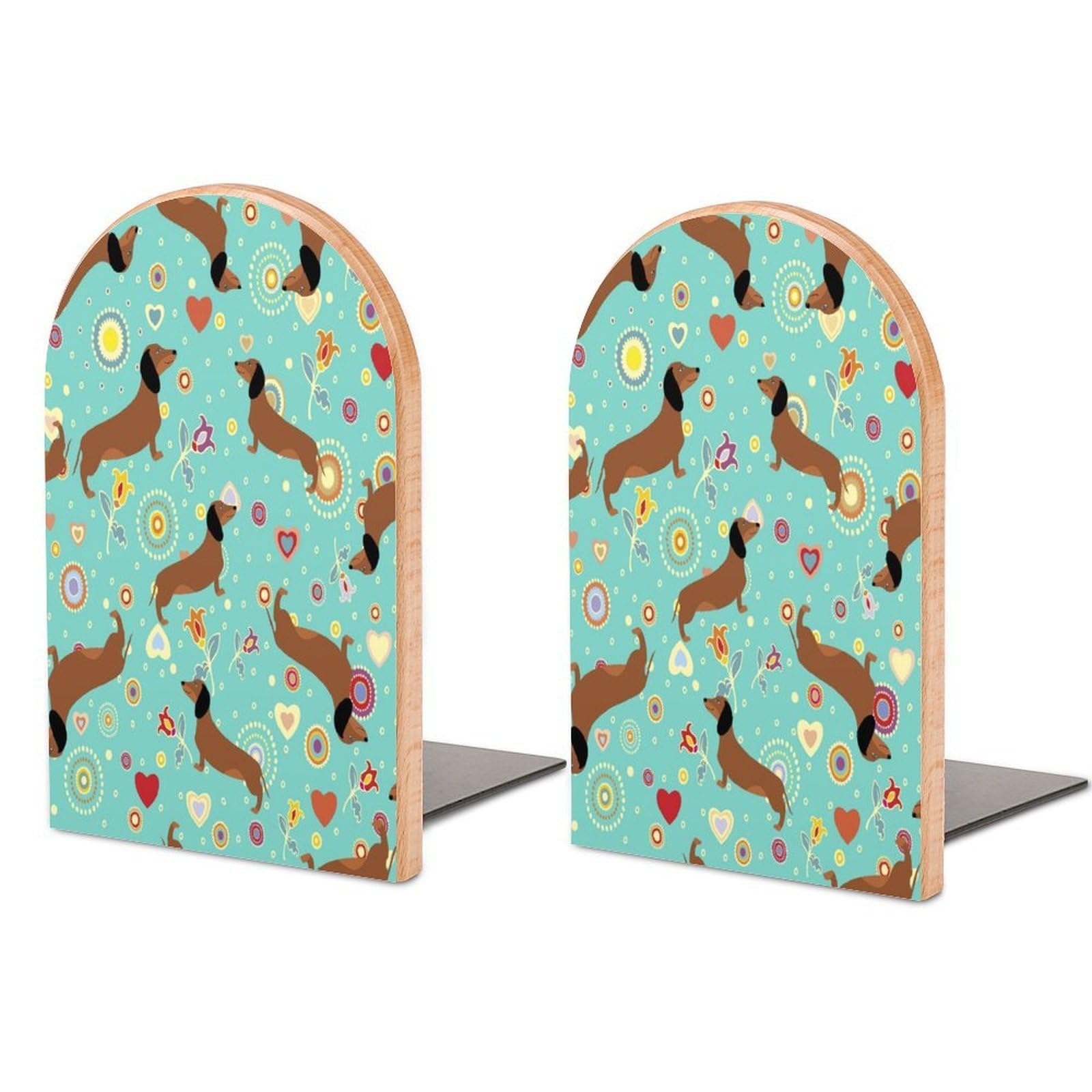 Seamless Christmas Pattern with Dogs. Beech Wood Bookends Heavy Duty Book Organizers Desktop File Holder for Office Home Bookshelf