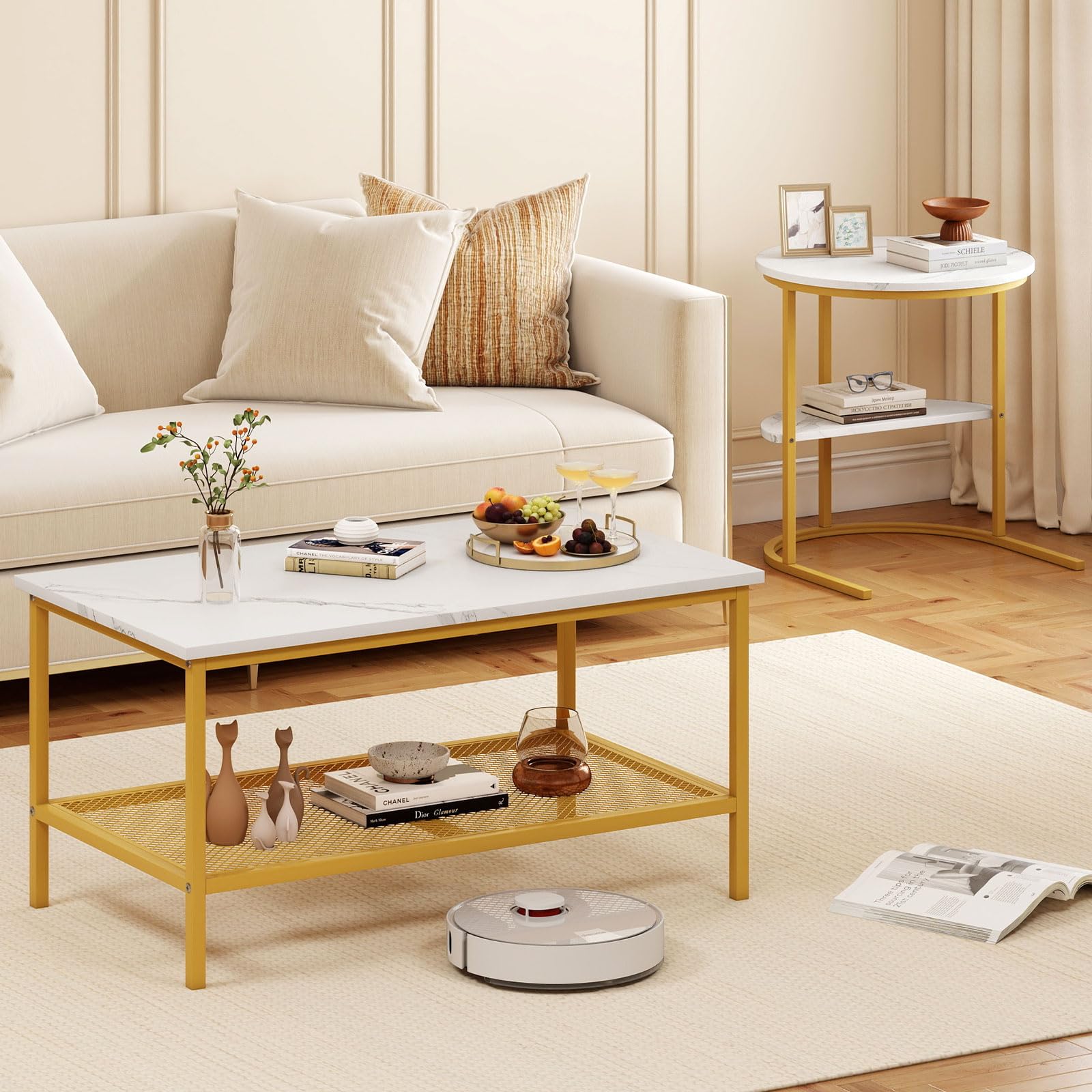 COSTWAY Set di Tavolini da Caffè Componibili, 2 in 1 Set di Tavoli Rimovibili con Piano in Marmo Sintetico, Tavolino Rotondo e Tavolino Rettangolare per Salotto e Camera da Letto (Oro)