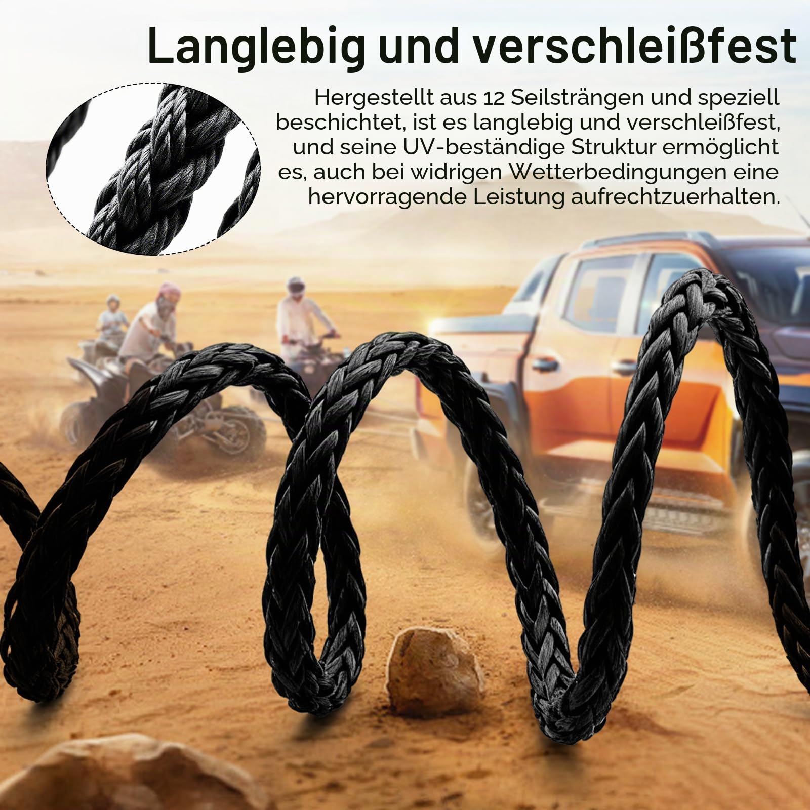 Abschleppseil, Windenseil 15M Lang 8MM Durchmesser 12 Strängen Synthetikseil 6000KG / 13228LBS Kunststoffseil Anhängerseil Forstseil Tow Rope mit Metallhaken für PKW ATV LKW UTV LKW SUV, Schwarz