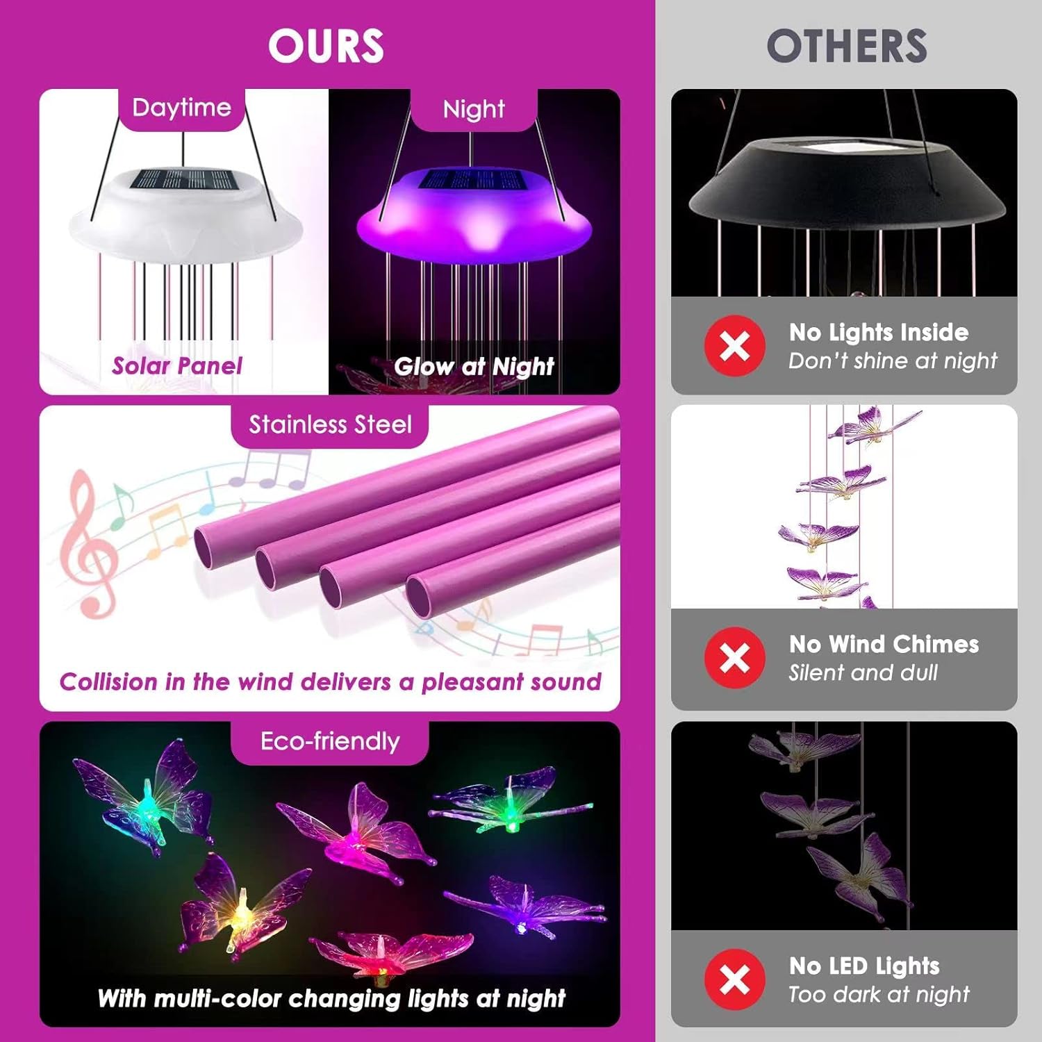 Lightalent Solar Butterfly Wind Chimes, Gifts for Mom Women, Glowing Top Changing Colors LED Wind Chime for Outside with 4 Iron Tubes, Outdoor Decor Mobile for Garden Yard (Purple)