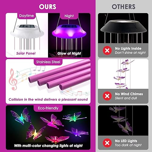 Miniatura 3 de Carillón de viento solar con mariposas, regalos para mamá y mujeres, carillón de viento LED brillante con cambio de colores para exteriores con 4