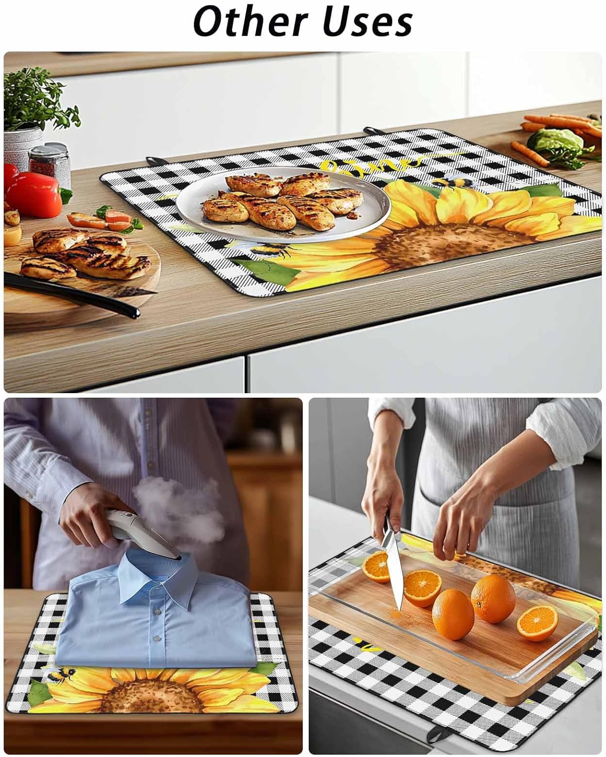 Sunshine Watercolor Stove Cover for Electric Stove, Sunflowers Bees Black Plaid Farmhouse Stove Top Cover for Glass Top, Heat Rubber Mat Foldable Cooktop Cover Top Protector, 28.5"x20.5"