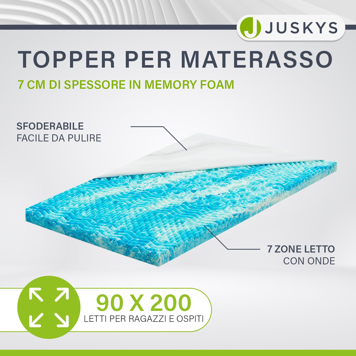 Juskys Topper 90x200 cm in schiuma memory, 7 zone ortopediche e traspirante, altezza 7 cm, H2 - H3, rivestimento lavabile topper materasso coprimaterasso