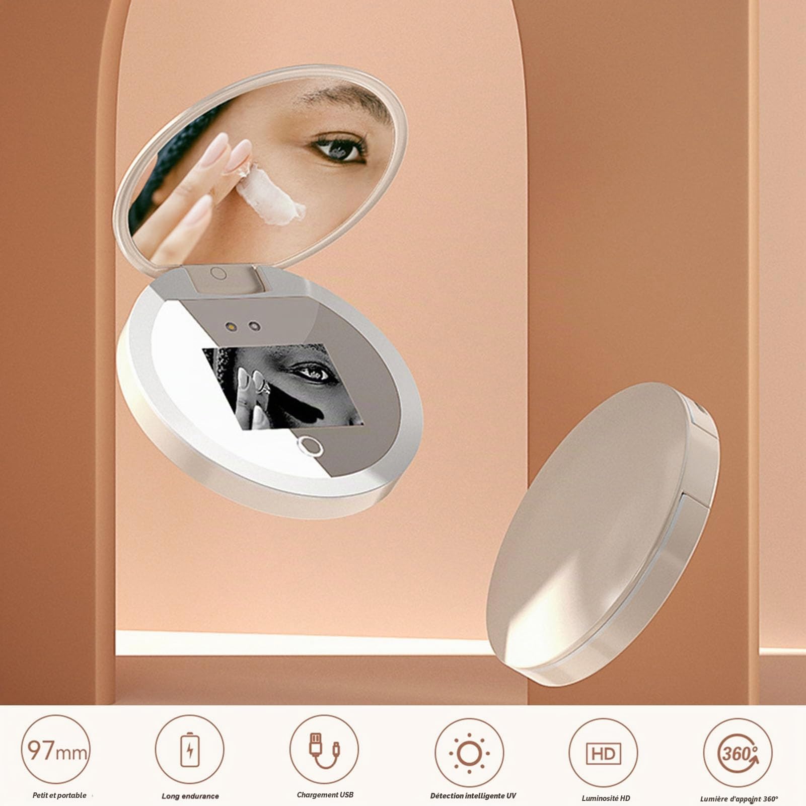Miroir de Maquillage de Voyage éclairé par LED 3,5 Pouces - Compact Avec Test de Protection Solaire pour Caméra UV - Portable Grossissement 2X