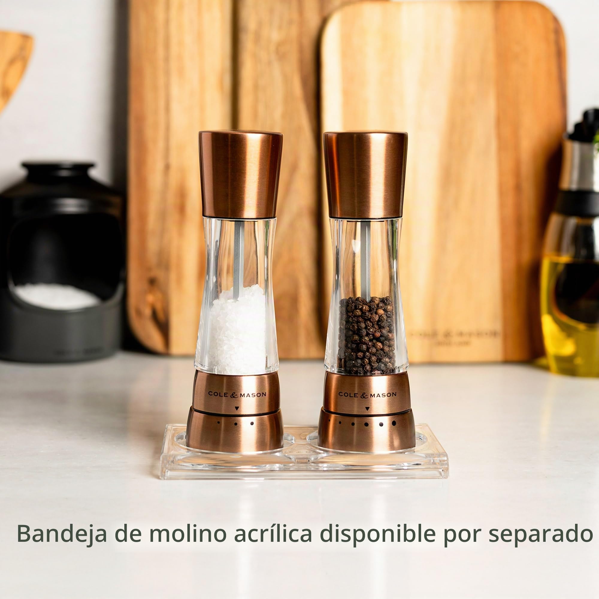 Cole & Mason Derwent Cobre Molinillos de Sal y Pimienta, Molinillo Especias, Juego de Molinillos con Grosor Ajustable, Acero Inoxidable/Acrílico, 190mm, H59418G