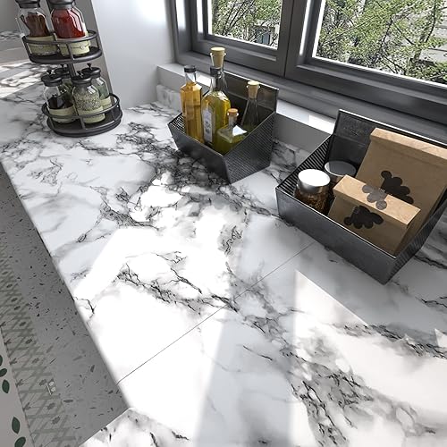 Miniatura 6 de KIKitchen Papel tapiz de mármol blanco y negro de 157 x 393 pulgadas papel de mármol brillante para despegar y pegar papel tapiz autoadhesivo