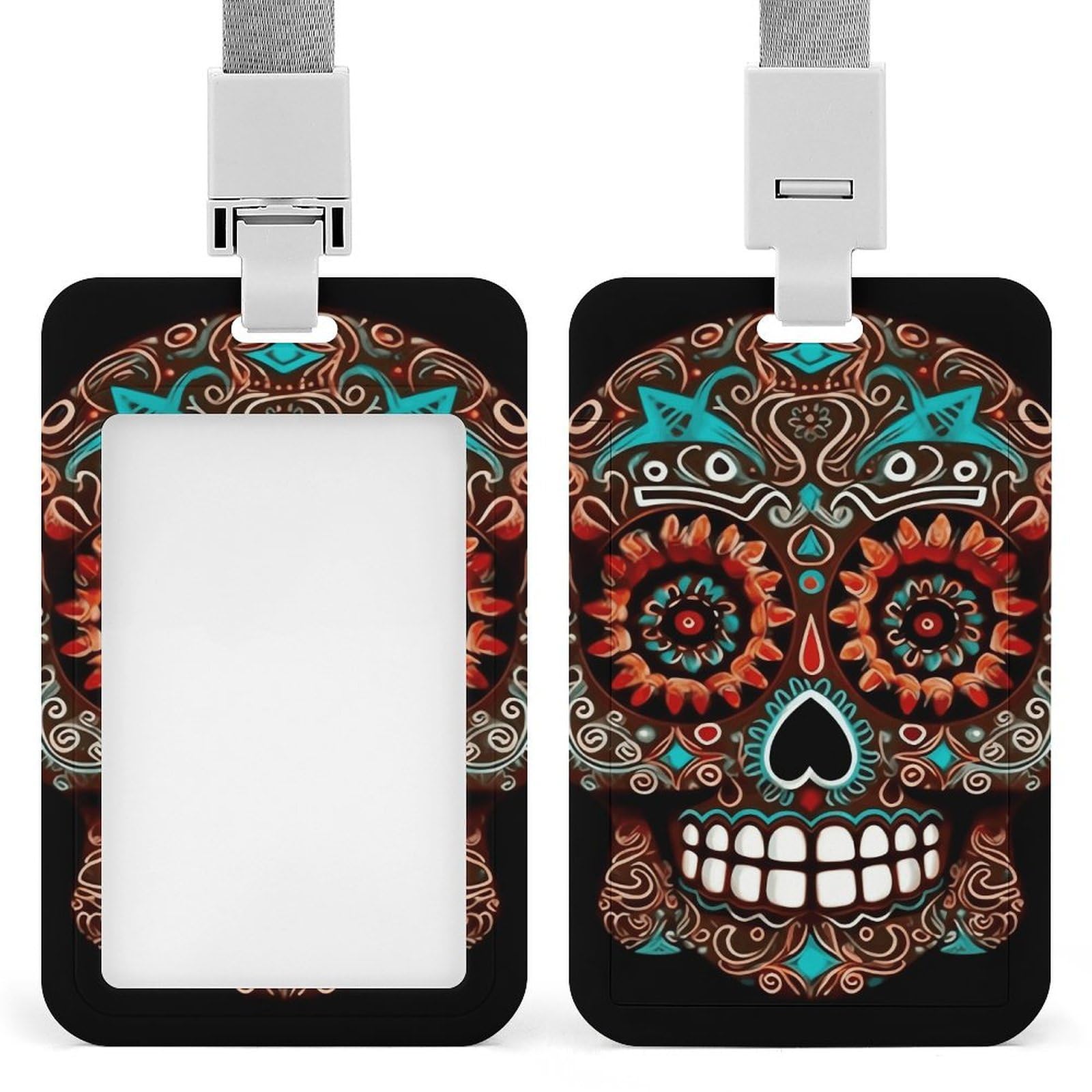 ID Card Holders for Lanyard,Sugar Skulls Day of The Dead Printed Badge Holder with Clear Window,Plastic Vertical Bus Pass Holders for Work Teacher Nurse Employees Proximity Key Cards Women Men