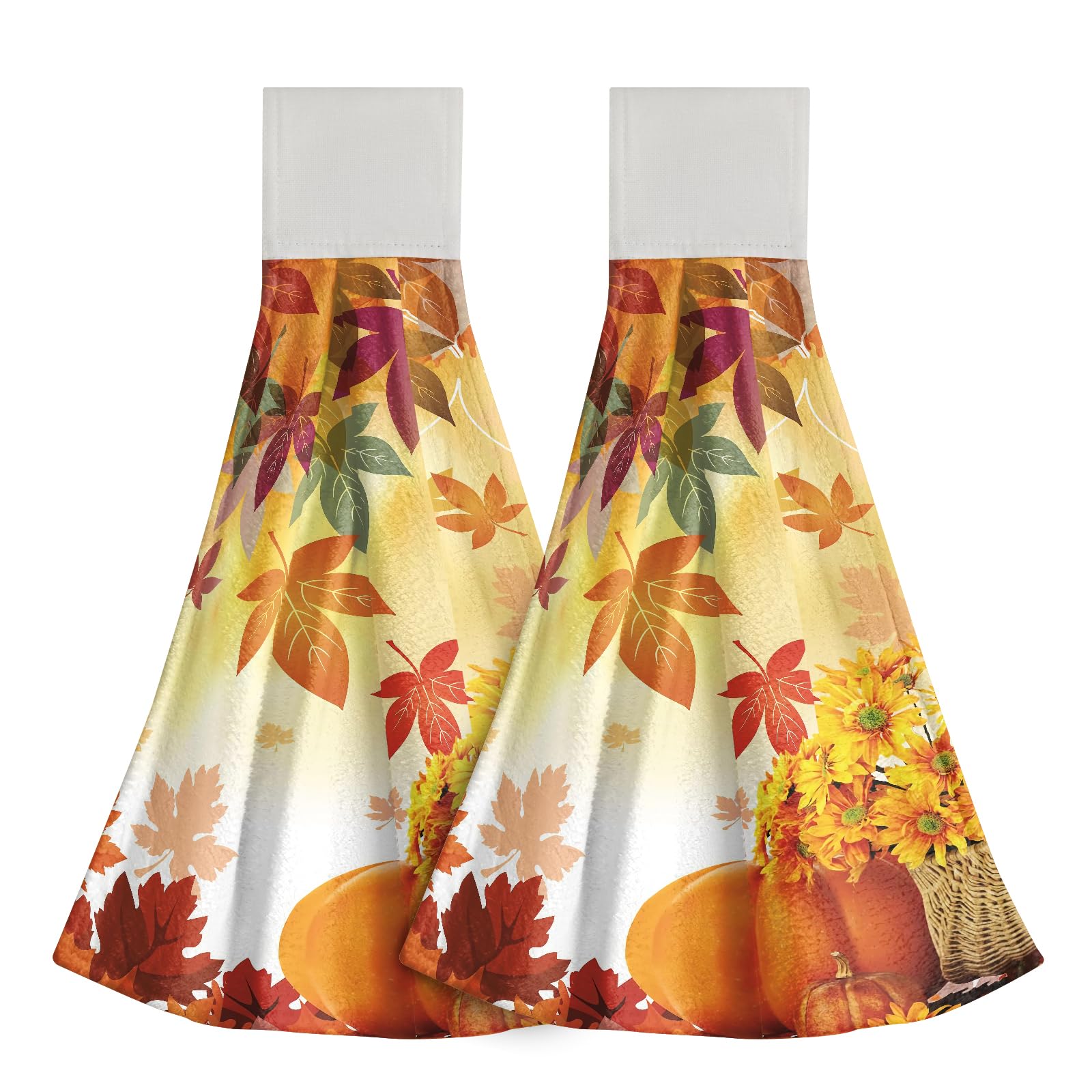 Lot De 2 Serviettes De Bain Avec Boucle – Motif Citrouilles Et Tournesols Automne – 100% Polyester Velours Corail – 30,5 X 43,2 Cm, Très Absorbantes