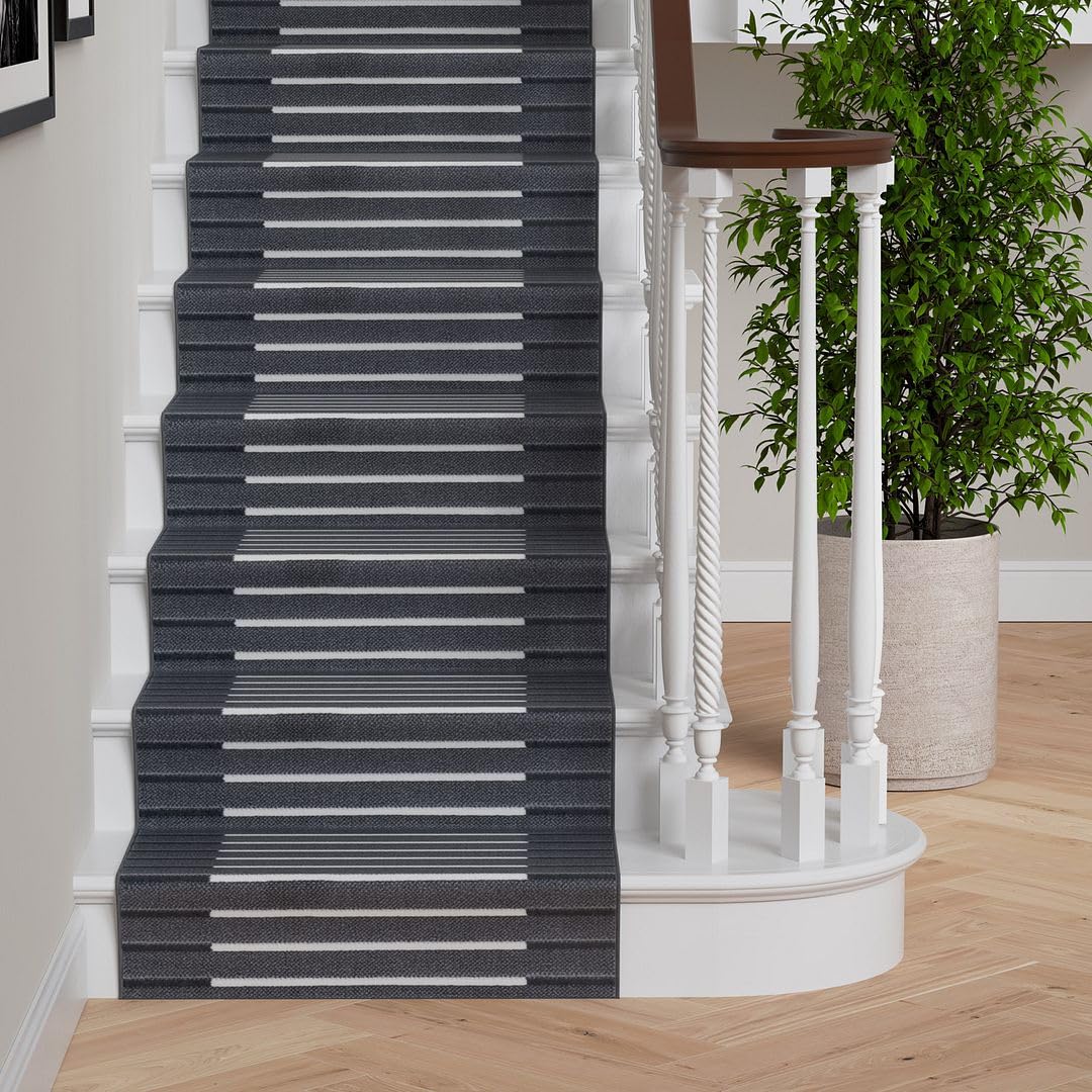 Black Grey Striped Stair Carpet Runner Linear Pattern Durable Backing Indoor Rug for Stairs Entryway and Basement 70cm x 945cm (2.3ft x 31ft)