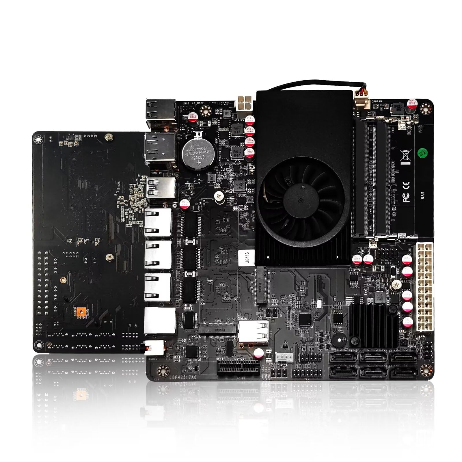 NAS Motherboard, 6 Bay, Celeron J6413 4C 4T TDP10W, Mini Itx, 2× I226V 2.5GbE LAN,1× RTL8125BG 2.5GbE LAN, 6 × sata3.0, PCIe×1, DP + HD(4K@60Hz), Barebone NO RAM NO SSD