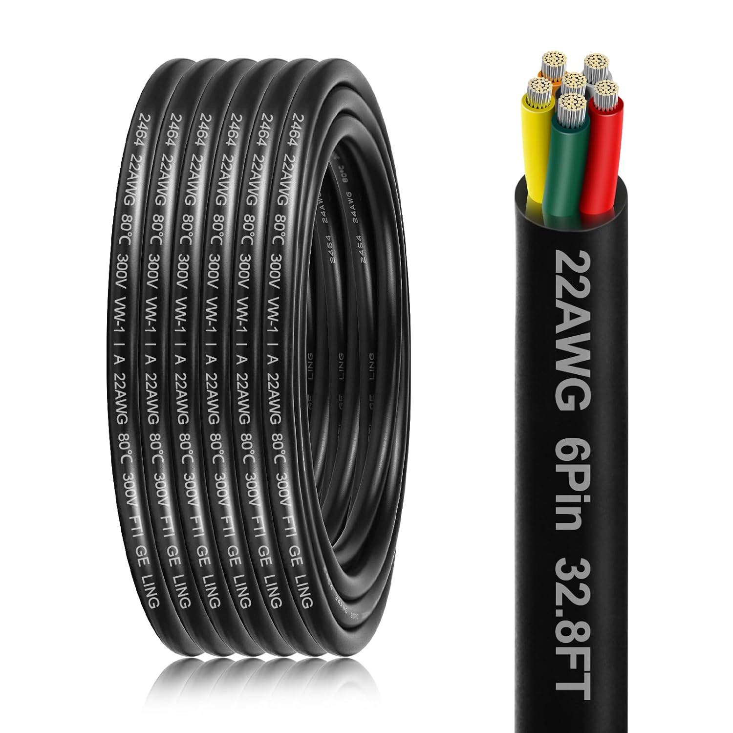 22 Gauge 6 Conductor Electrical Wire, 32.8FT 22AWG PVC Thermostat Wire, Low Voltage Landscape Wire, Flexible Cord for LED Lighting Strips Automotive Garden Bell Speaker
