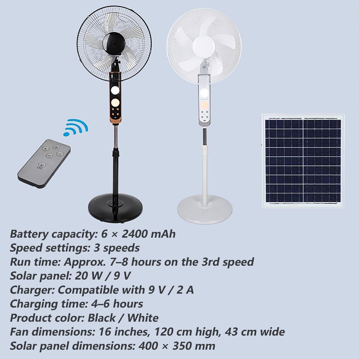 16 Inch Portable Solar Floor Fan Rechargeable Oscillating Standing Pedestal Fan with Solar Panel, For Bedroom, Home, Office And Warehouse, Factory, Outdoor(White)