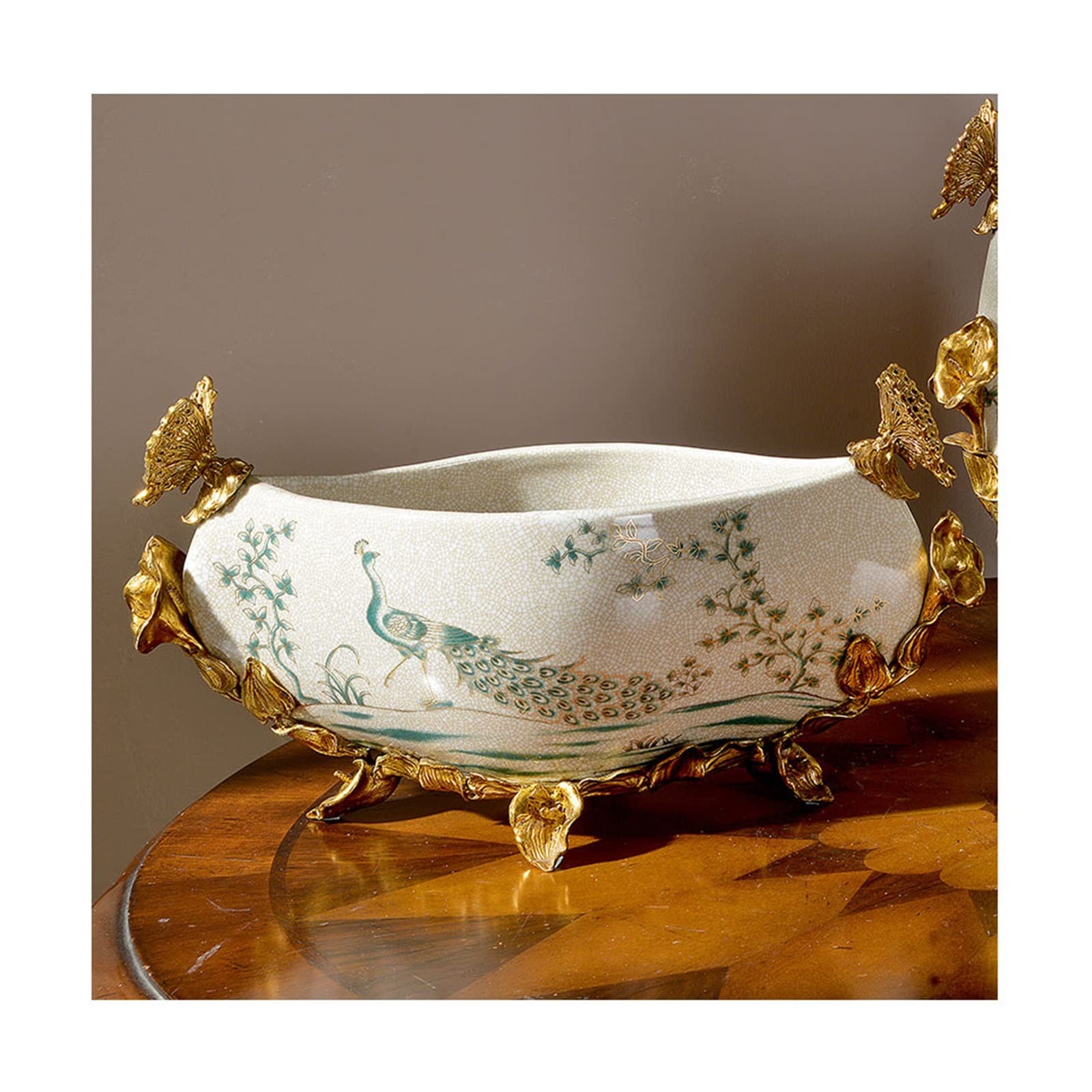 IROEJT Countertop Fruit Bowl Ceramic Fruit Bowl Chinese Retro Hand-Painted Fruit Dish Home Decoration Porcelain Inlaid Copper Craft Candy Bowl Fruit Basket Bowl，B