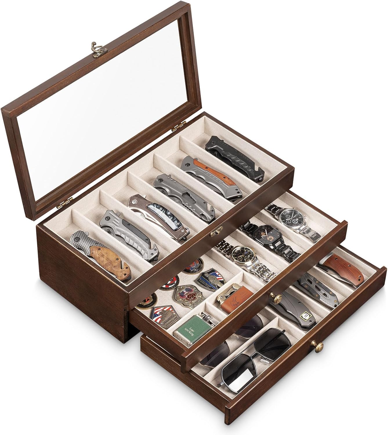 3 Étages Coffret Poignard, Bois Boîte Présentoir à Couteaux avec Tiroir et Couvercle Transparent, Support à Couteaux pour Exposer et Ranger les Couverts, pour Collection, Cadeau (Noyer)