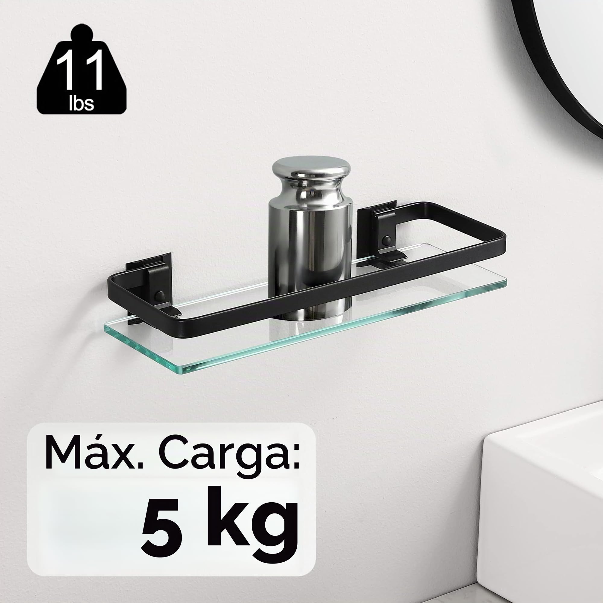 KES Estantería Baño Vidrio Templado 8mm Extra Gruesa Montado en la Pared Negra Aluminio Negro 2 Pieza
