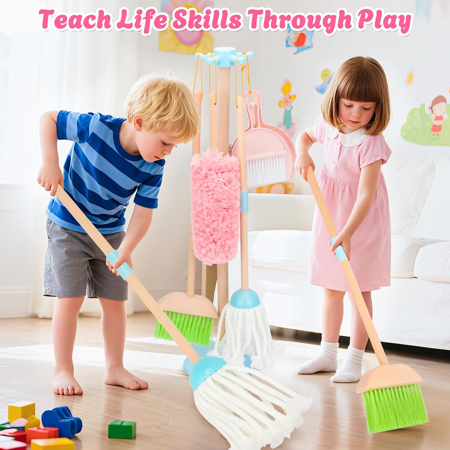 Kids Cleaning Set, Wooden Toddler Broom Set for Housekeeping, 7 Pieces Montessori Cleaning Toys with Kids Broom and Mop Set, Housework Pretend Play Toy Gift for Boys Girls Ages 3+ - Image 2