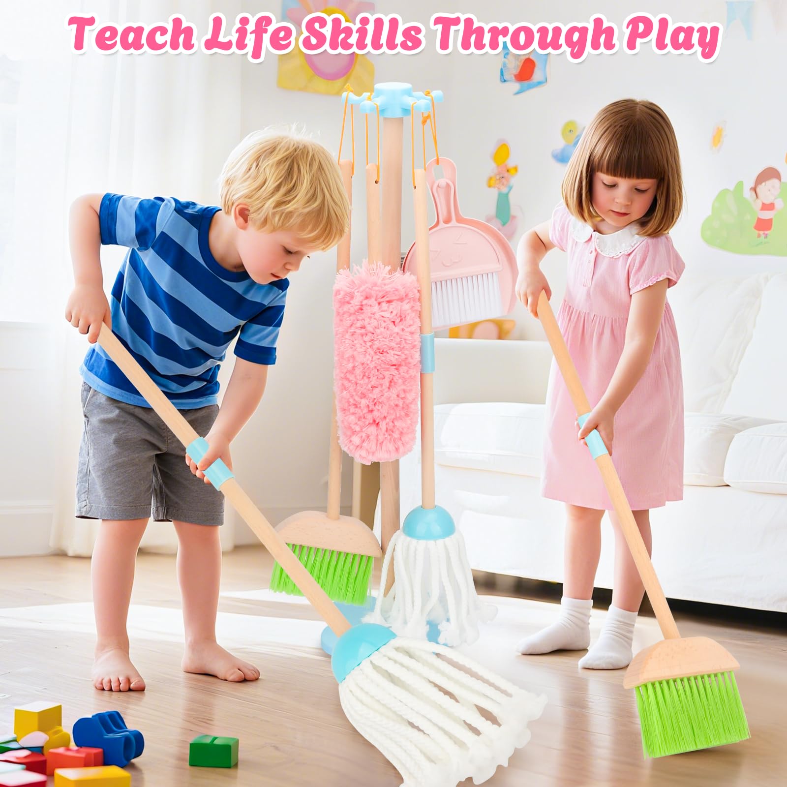 Juego de limpieza para niños, juego de escoba de madera para tareas domésticas, 7 piezas de juguetes de limpieza Montessori con juego de escoba y trapeador para niños, regalo para niños y niñas a 2