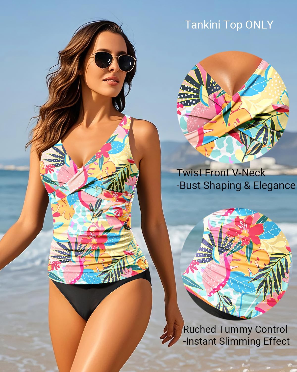 Underwire Tankini Tops for Women – Twist Front V Neck Bathing Suits Top Only Ruched Tummy Control Swimsuit Top Colorful Floral X-Large