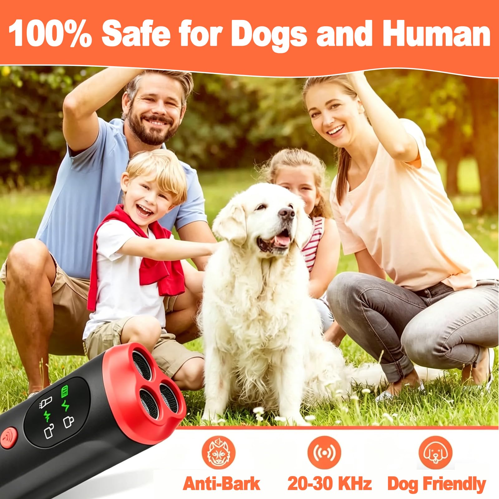 Dispositivo antiladridos para perros, disuasorio ultrasónico de ladridos de perro, alcance de 35 pies, dispositivo de control de ladridos recargable con pantalla HD y linterna LED, seguro
