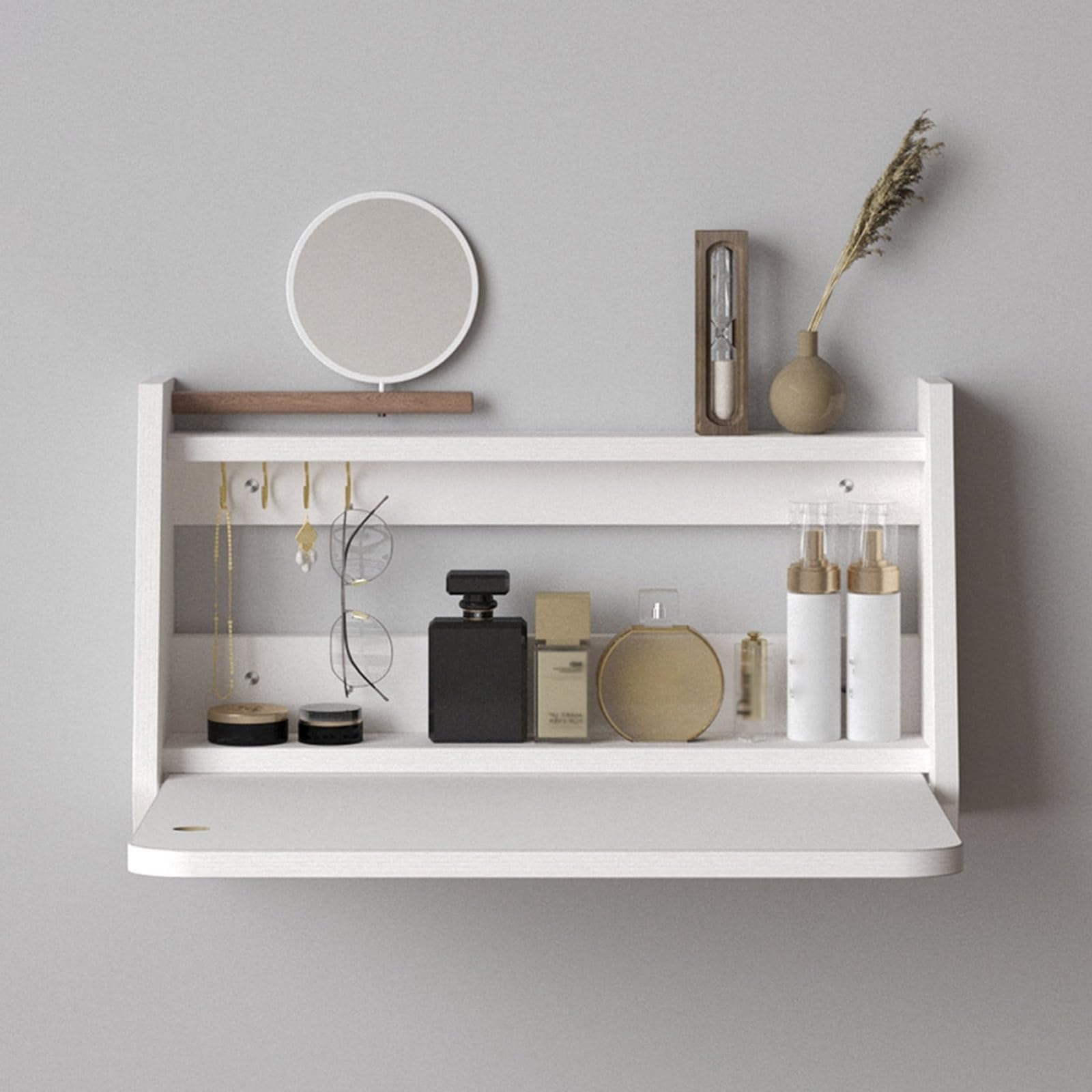 BKSXSOP Floating Vanity Makeup Table with Mirror, Small Wall-Mounted Dressing Table, Space-Saving Wood Shelf for Bedroom & Bathroom (White, 60cm) - Stylish Functional
