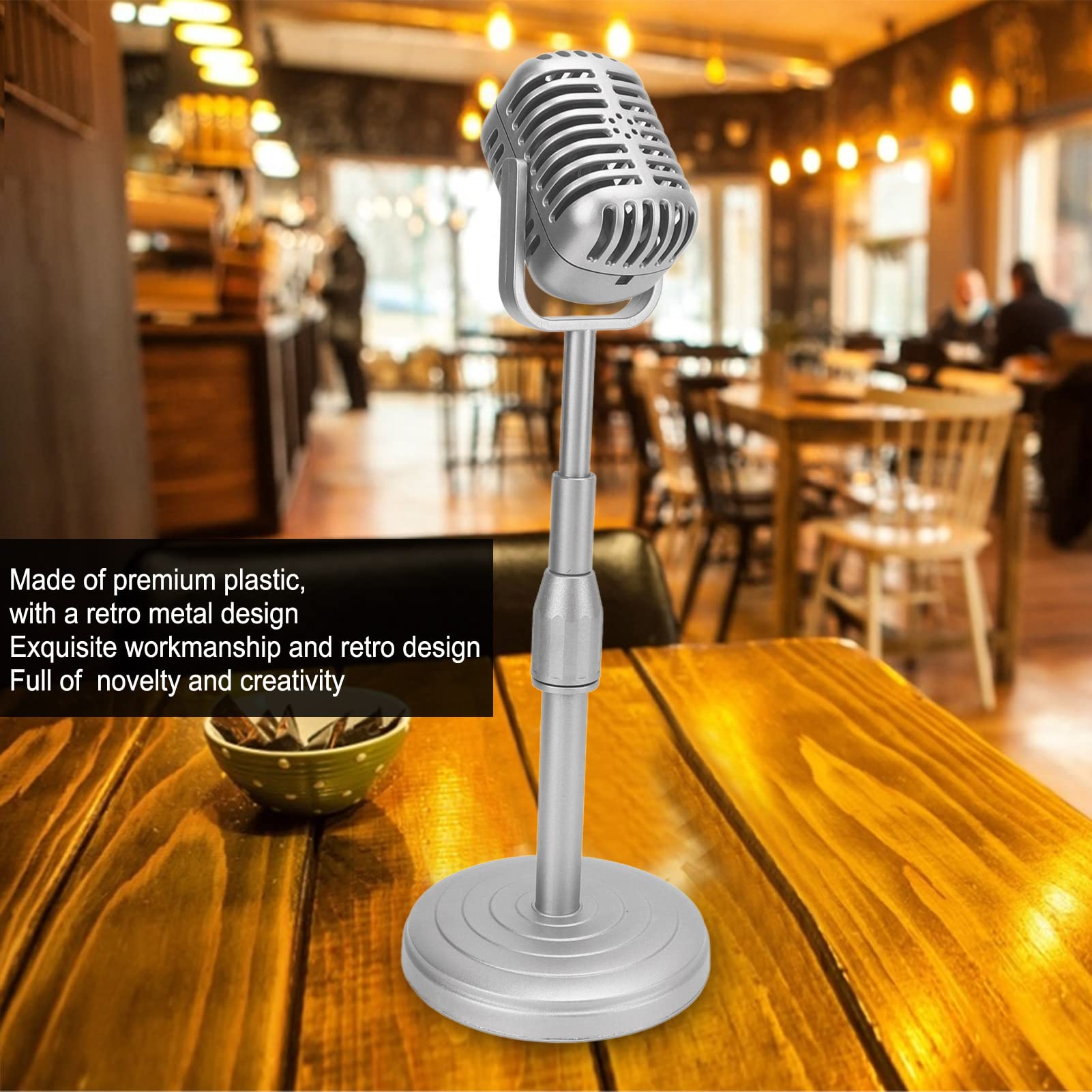 Retro Microphone Props Model, Vintage Prop Mic with Stable Base and Support Rod Fake Plastic Microphone for Photography(silver)