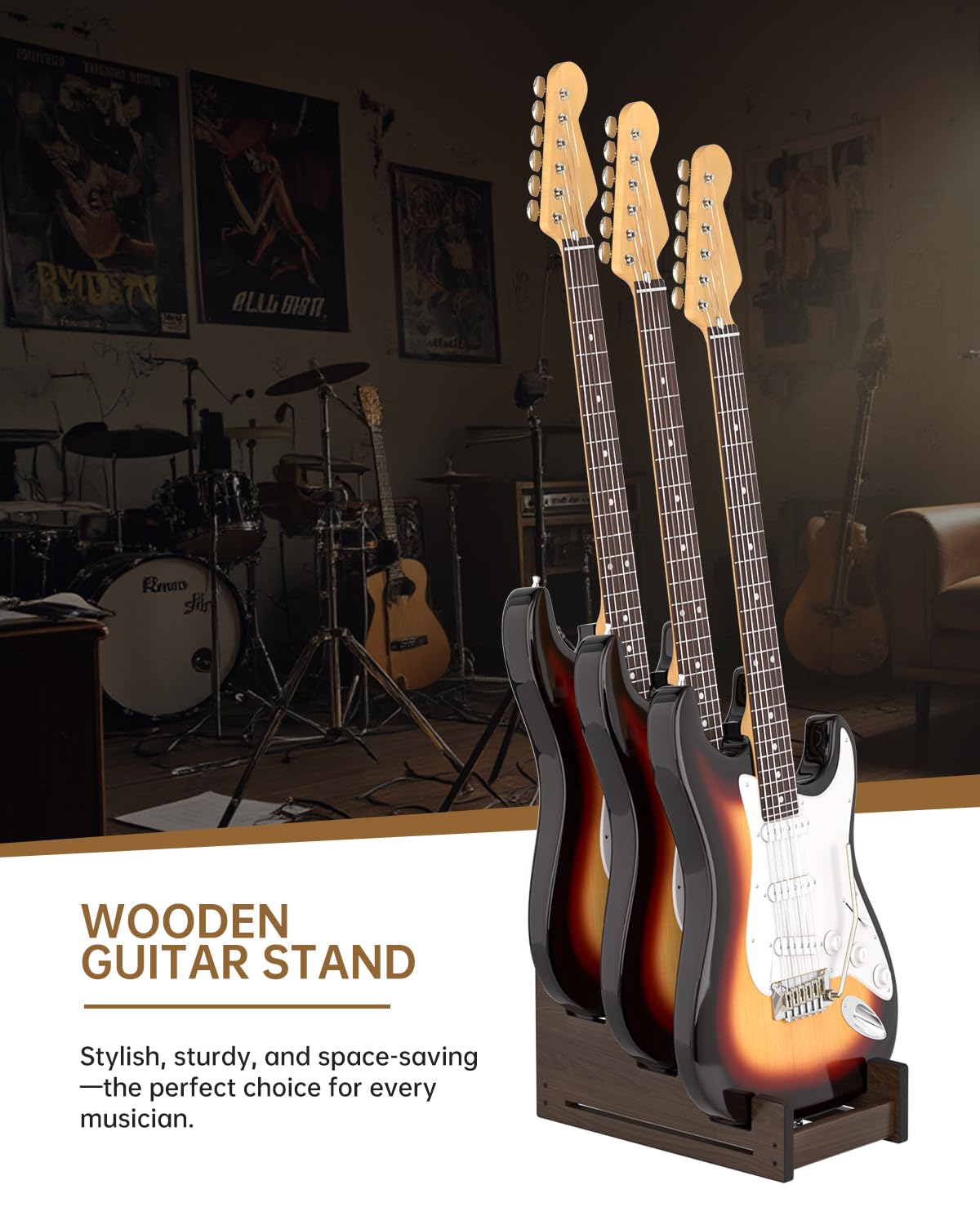 APPASO 3 Guitar Rack, Solid Pine 3 Wooden Guitar Stand, Portable Electric Guitar Stand Floor - Image 3