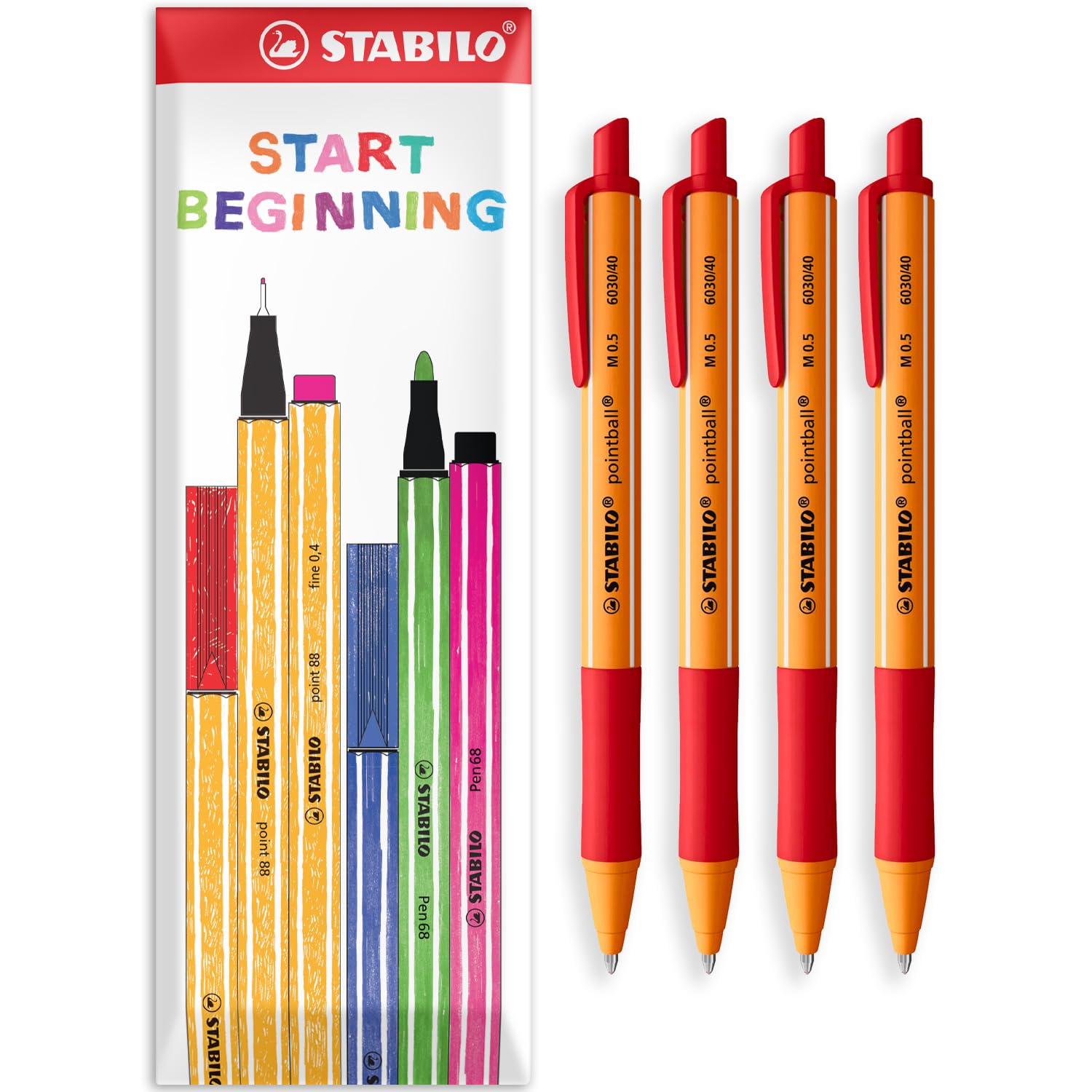 STABILO pointball Ballpoint Pen - 0.5mm Line Width - Refillable & Retractable - Pack of 4 Pens in Envelope Gift Packaging - Red Ink