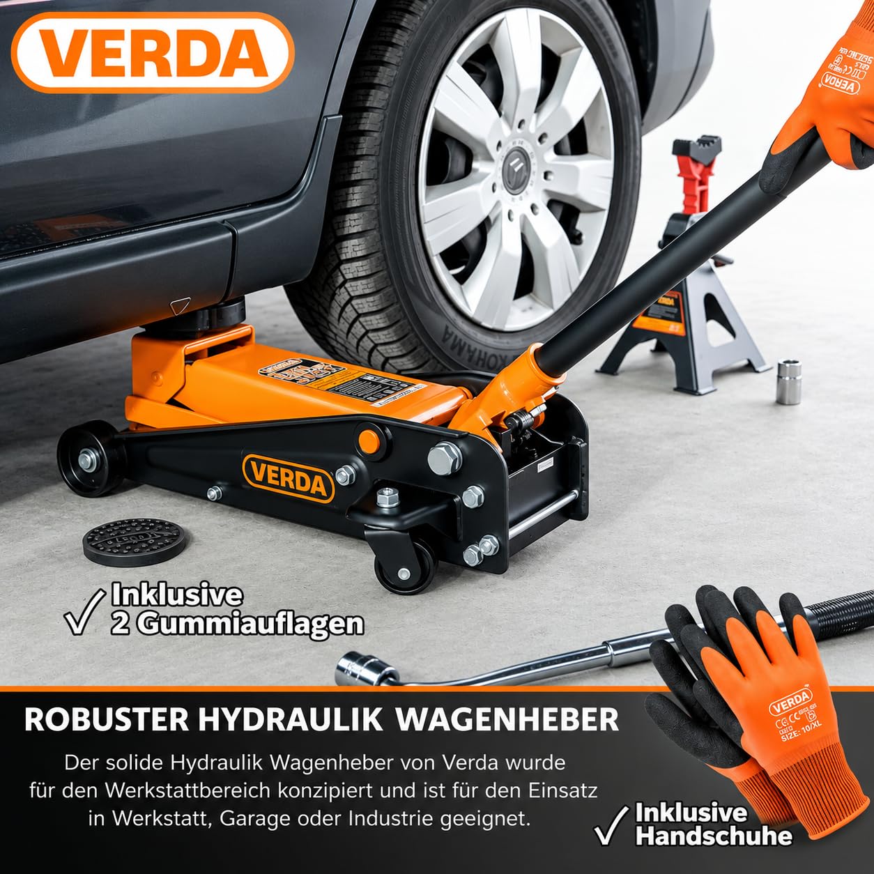 Verda Hydraulischer Wagenheber 3T, 130-490mm, 2X Gummi, Profilmesser,Heber Rangierwagenheber PKW, Profi, Auto, Wohnmobil, Geländewagen, Werkstatt Montagehandschuhe (SN3026)