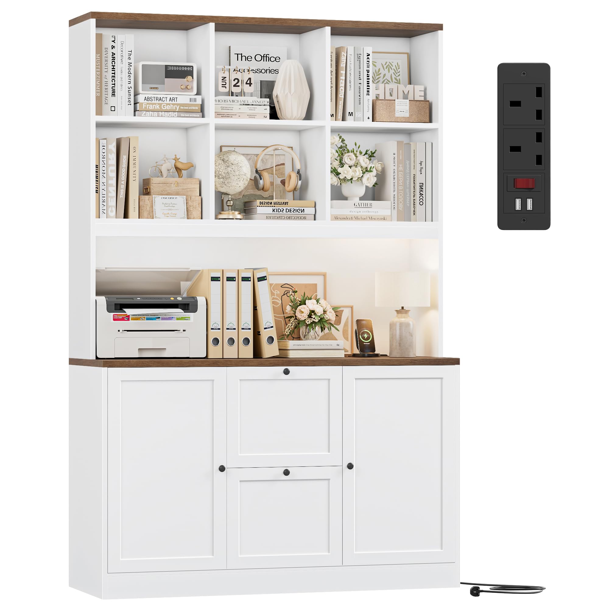 FirFurd Tall Bookcase with Power Outlet & Filing Drawer for A4/Letter Files โ image 1