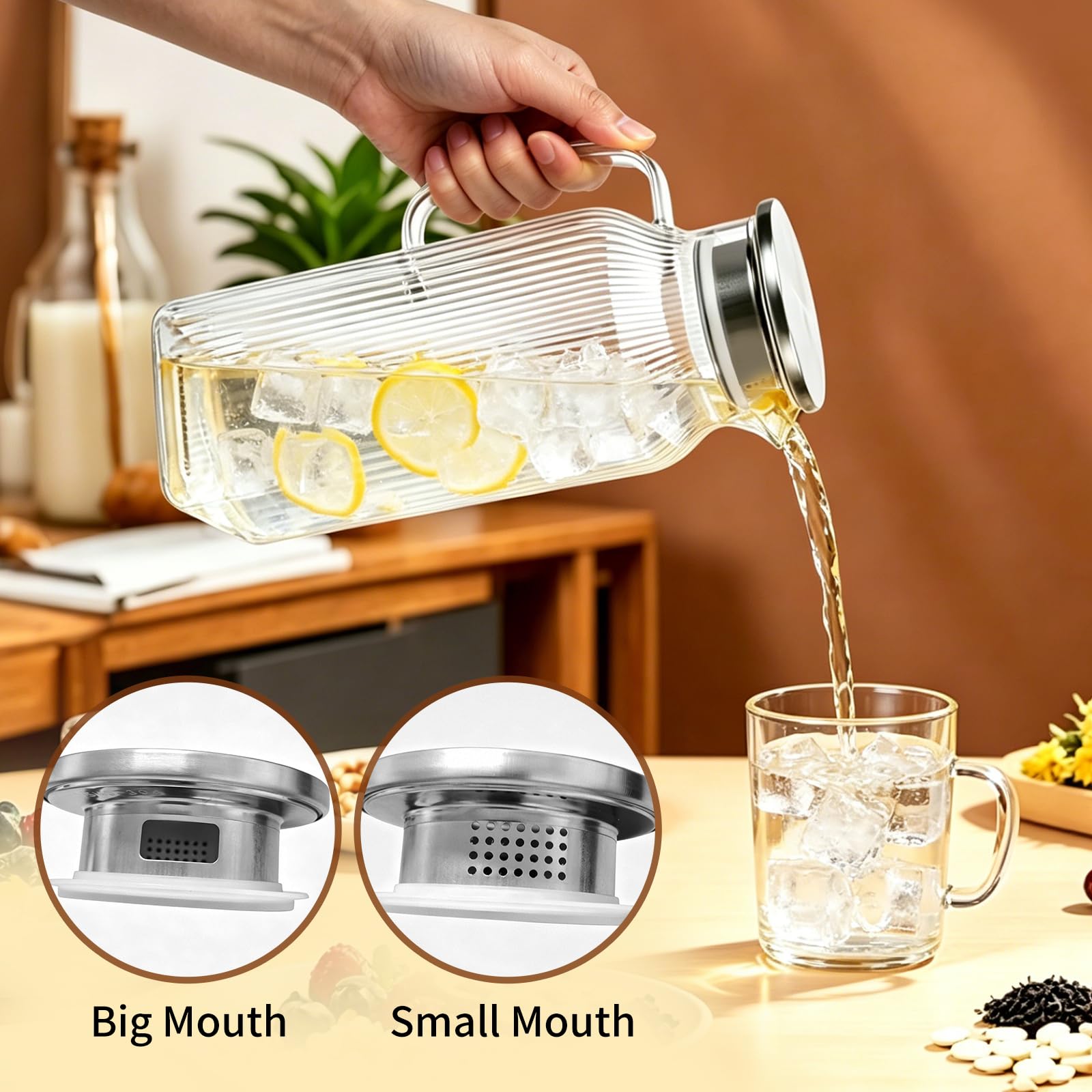 Caraffa Vetro 2 litri, 2PCS Strisce Verticali Brocca Acqua in Vetro Borosilicato con Coperchio in Acciaio Inossidabile, Borosilicato Resistente al Calore per Bevande Calde o Fredde (2 L/ 70 oz.)