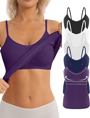 5 Pack Cotton Camisole with Shelf Bra for Women V Neck Basic Camis