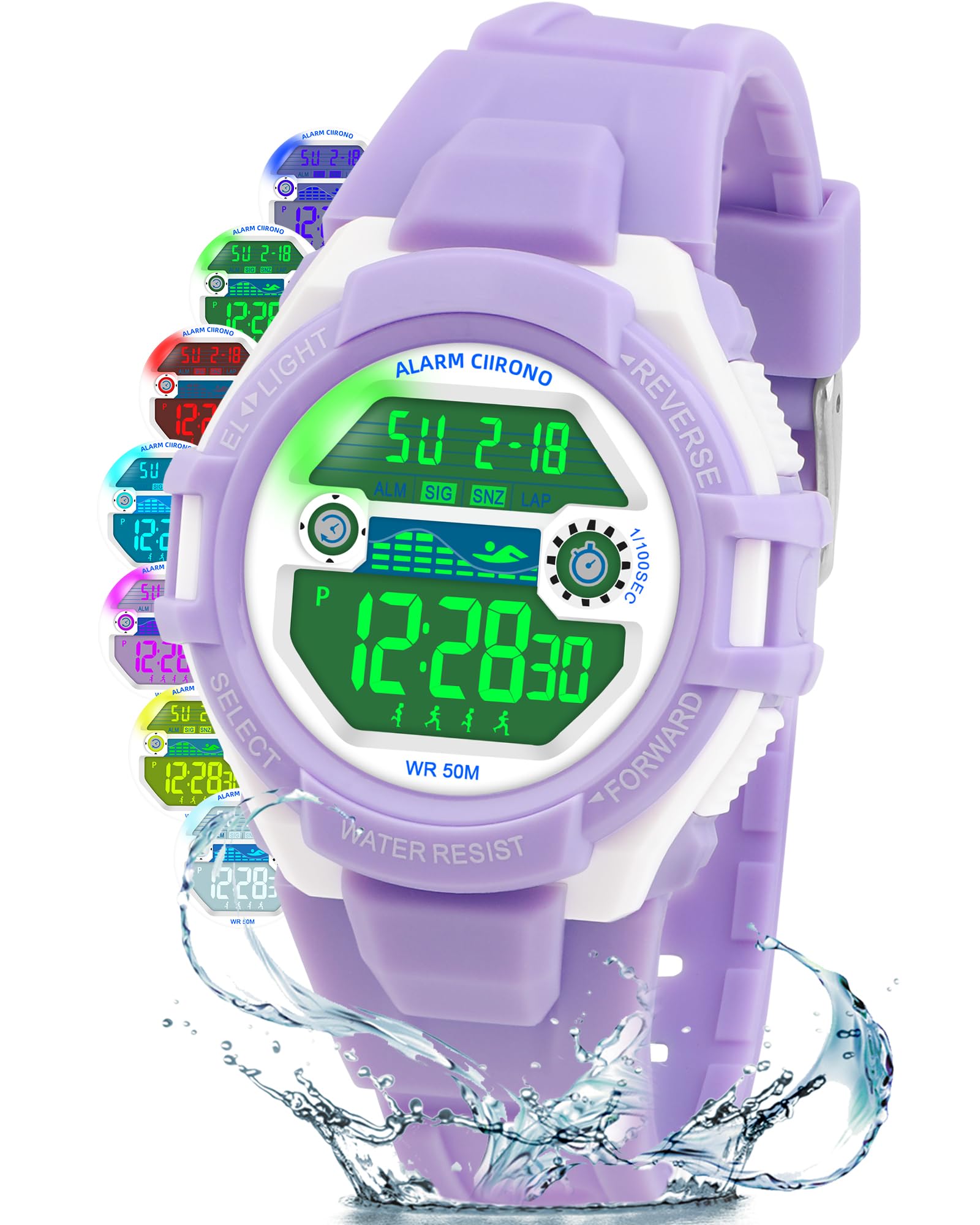 DTKID Digitale Kinderuhr Jungen Mädchen, 7-Farben-LED, Armbanduhr Kinder mit Wecker, Stoppuhr, Datum, 5 ATM wasserdichte Outdoor Sportuhr Kinder Uhren für Teenager | Armbanduhr mit 7 Farben, leicht zu lesen
