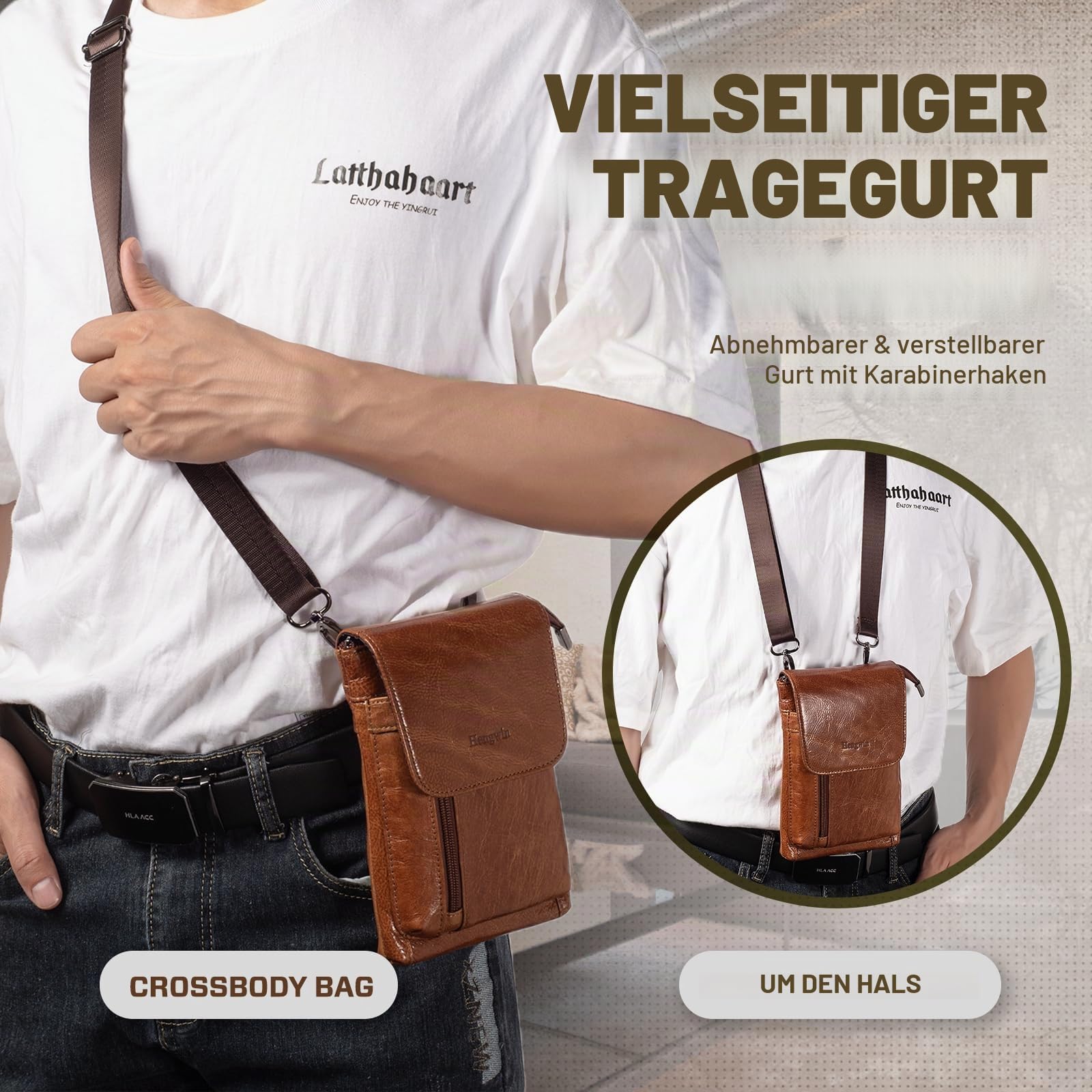 Kleine Umhängetasche aus echtem Leder für Herren und Damen, Handy-Gürteltasche für iPhone/Samsung, Reisepass, Geldbörse, Schulterholster, Braun, Large