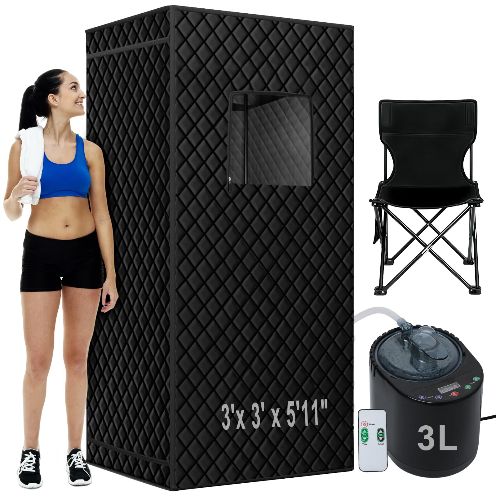 portable steam sauna?3'x 3' x 5.9' full body sauna box for home, sauna tent sauna box with 3l 1500w steamer, 9 levels, 99 minute timer with remote control, foldable chair with side pocket