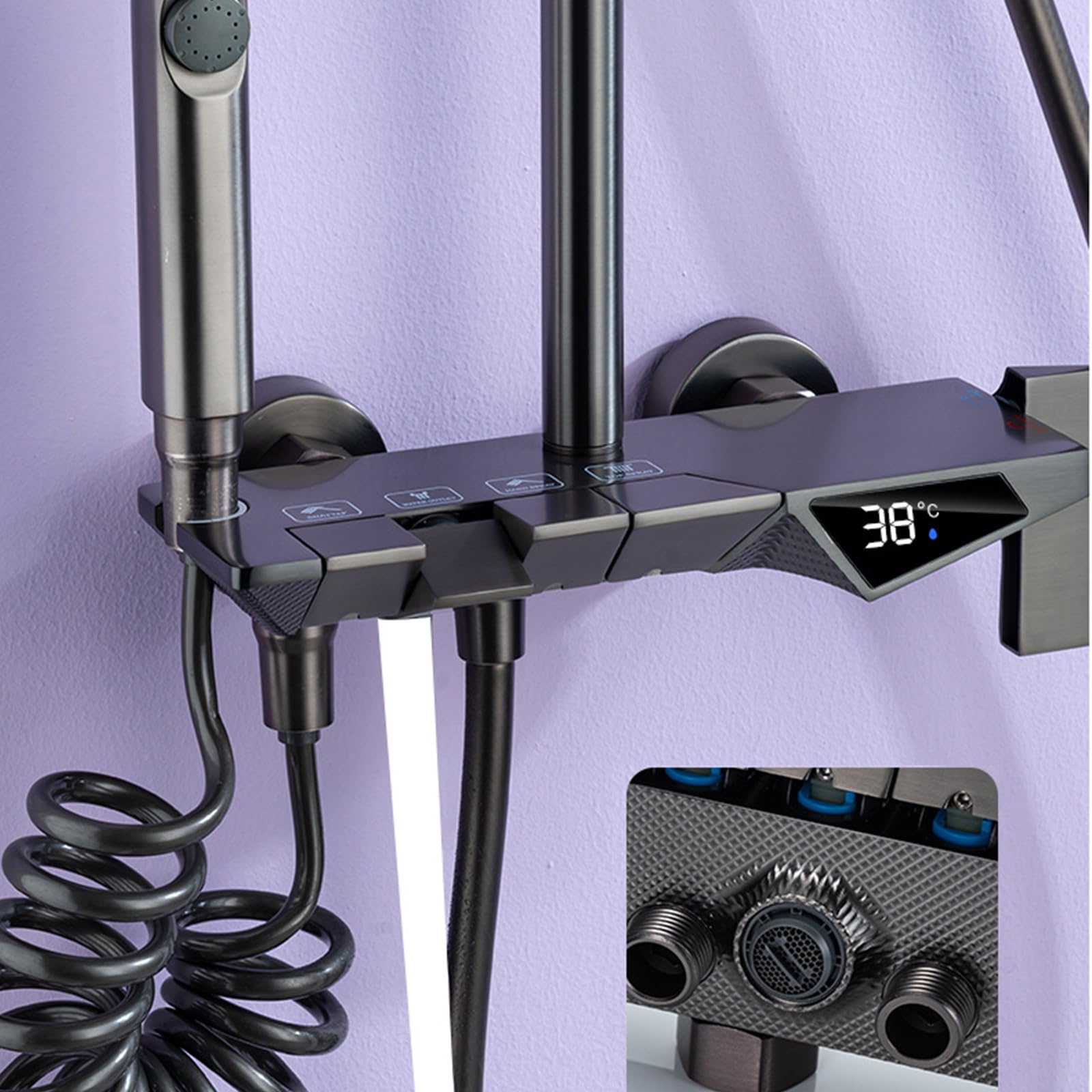 Set di rubinetti con Display Digitale per Sistema Doccia Grigio, Montaggio a Parete con beccuccio per Vasca, soffione a Pioggia, doccetta, Bidet