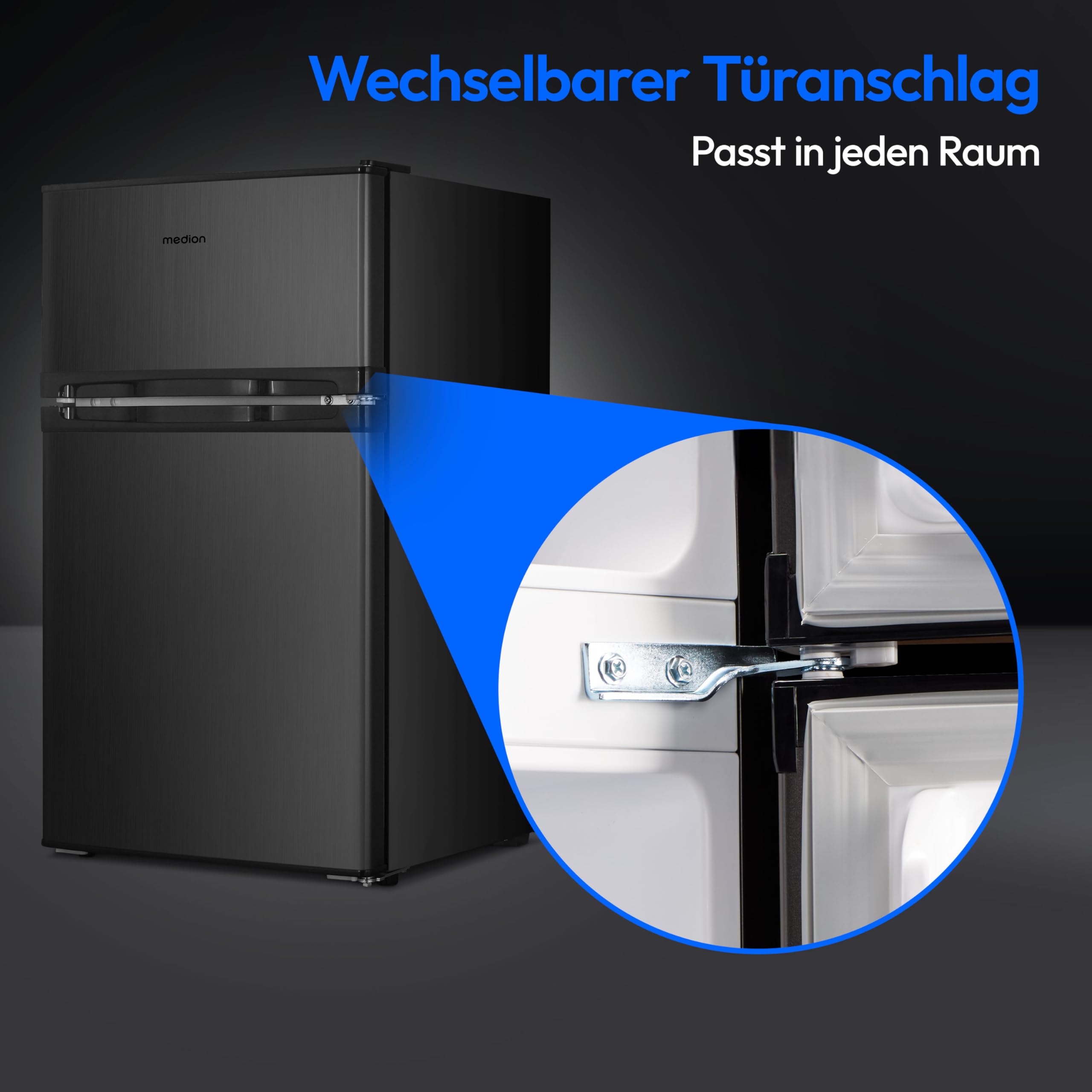 MEDION Mini Kühl-Gefrierkombination (85 Liter, 61L Kühlteil, 24L Gefrierteil, freistehend, 40 dB, transparente Gemüseschublade, Türanschlag wechselbar, MD 37689) grau