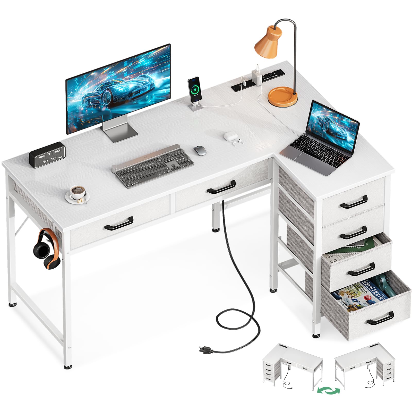 Coleshome 42 Inch L Shaped Desk with Drawers, Computer Desk with Power Outlets, Home Office Desk with 6 Drawers, Reversible Corner Desk for Small Space, Study Work Table with Hook, White