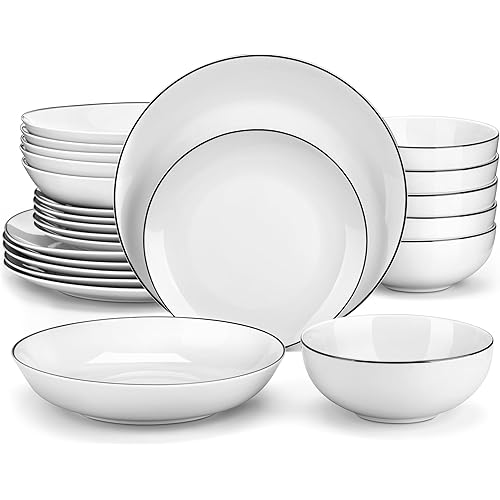 MALACASA 24-Piece Gourmet Porcelain Dinnerware Sets, Modern White with Black Rim Round Dish Set for 6 - Premium Serving Plates and Bowls Sets for Dessert, Salad, Soup, Pasta - Series AMELIA