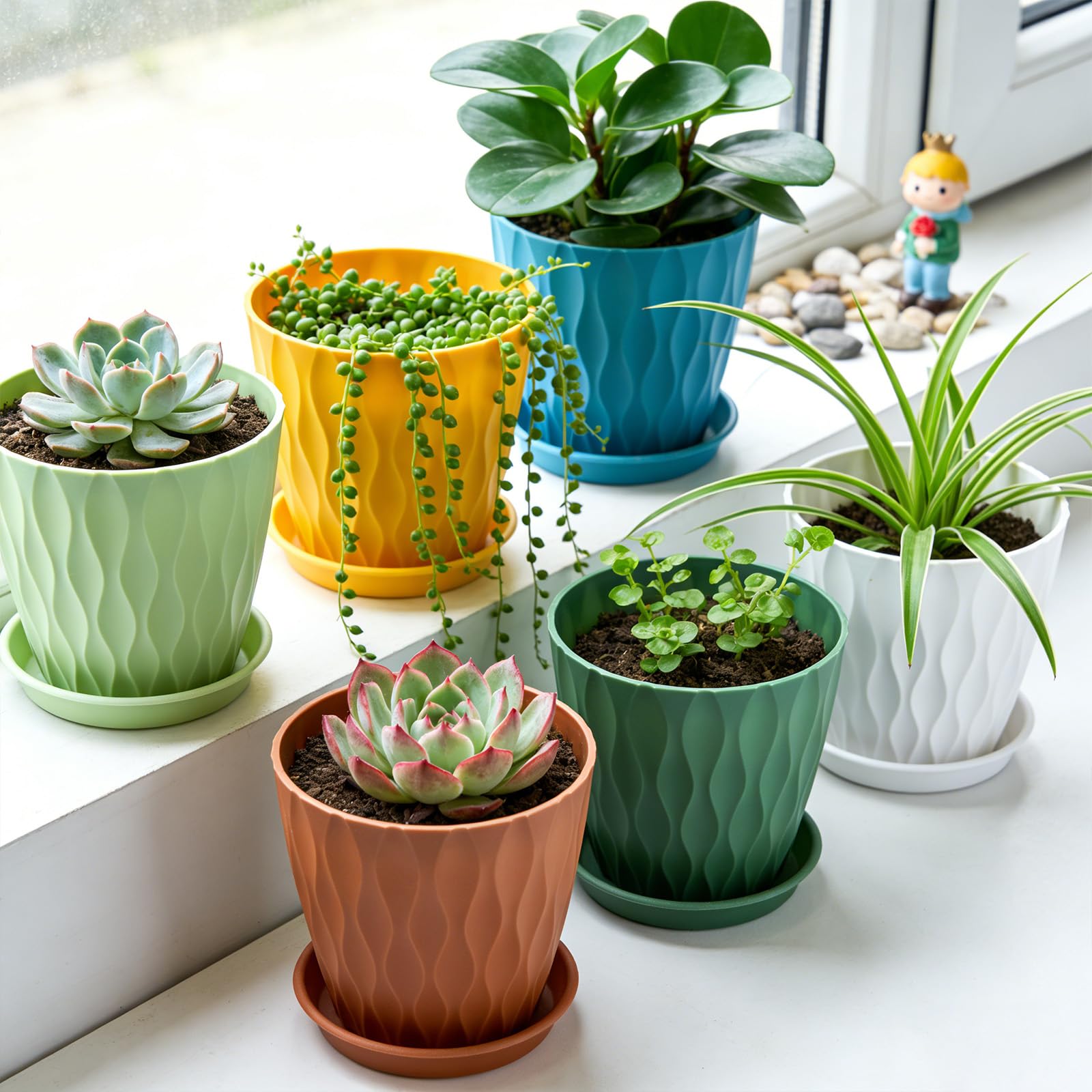 10cm/4-in Plant Pots Indoor 6 Pack Plastic Flower Pots with Drainage Holes and Saucers Modern Decorative Planters Succulent Indoor Outdoor Plants(6 Colours) — view 5