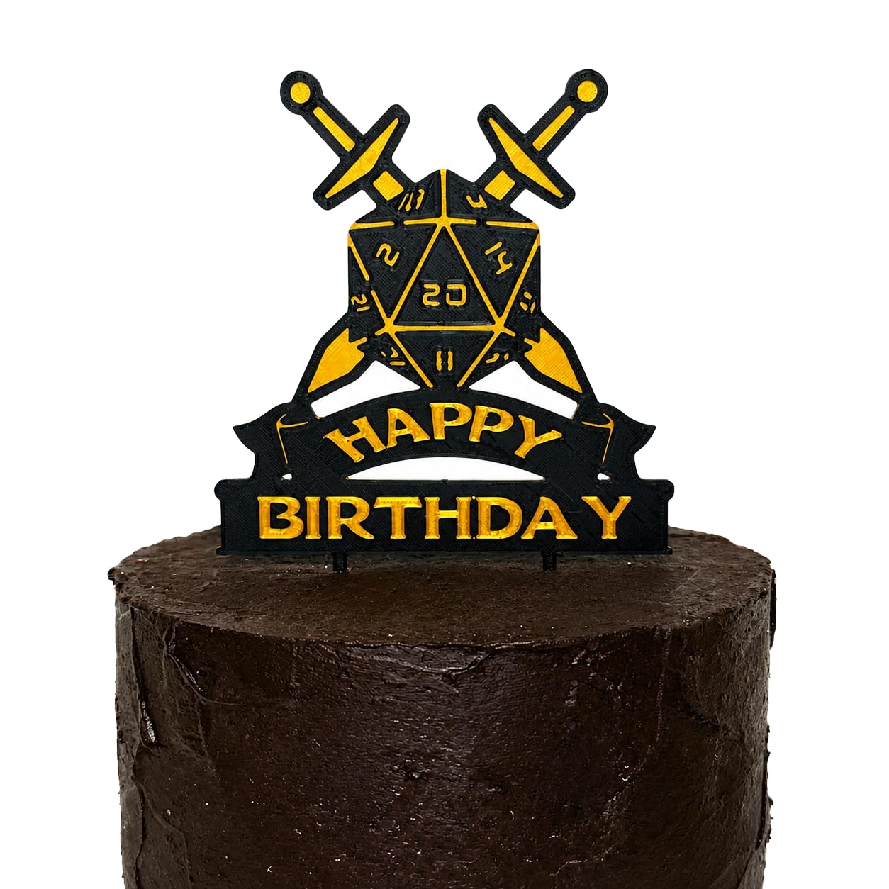 Happy Birthday Cake Topper, D20 Dice with Crossed Swords Design, PLA Plastic, 18cm, Fantasy RPG Theme (Gold)