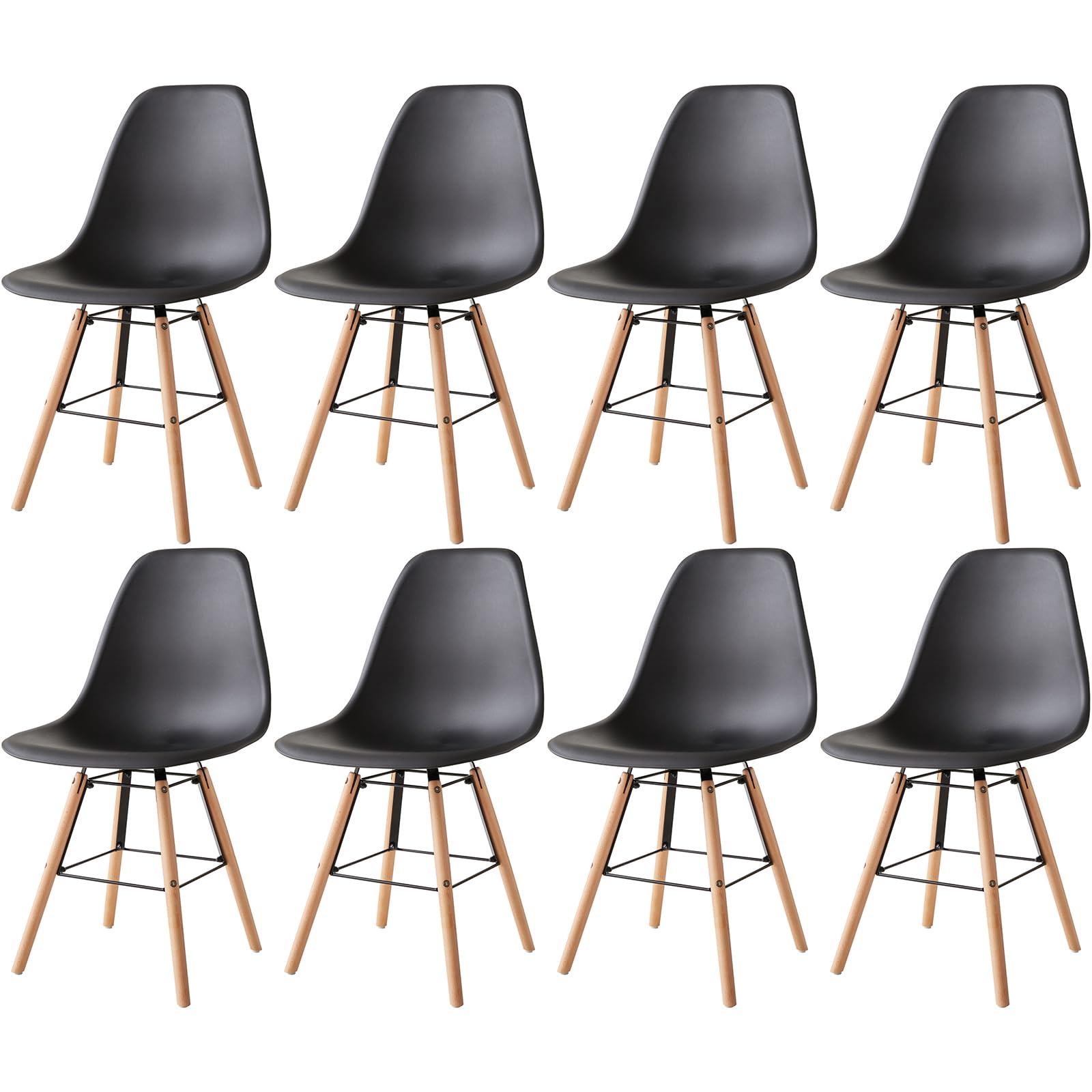 Mid Century Modern Dining Chair Set of 8, Lounge Side Chairs with Natural Beech Wood Legs, Pre Assembled Style Plastic Chairs Shell Chair for Kitchen, Dining, Bedroom, Living Room